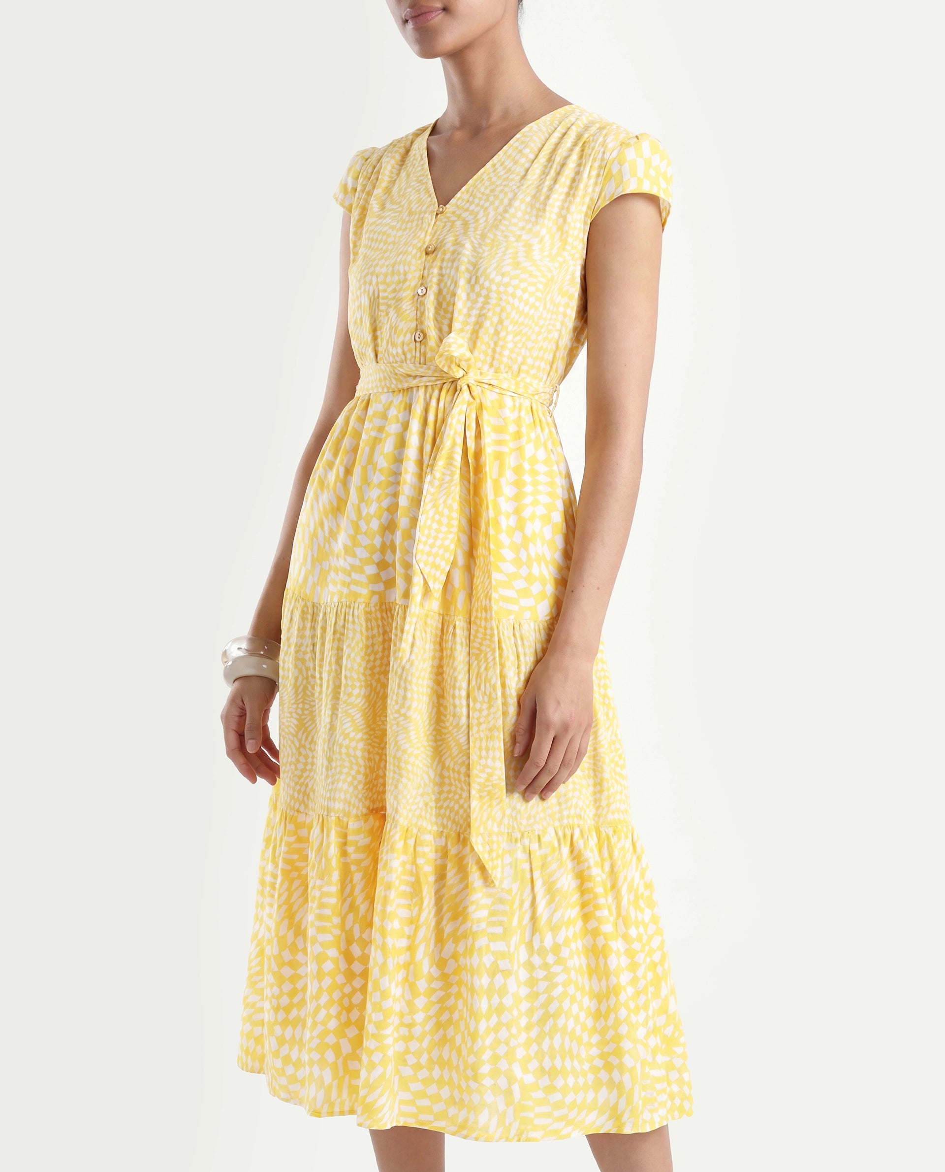 Rareism Women's Whitney Yellow Cotton V-Neck Geometric Print Cape Sleeve Knee Length Regular Fit Dress