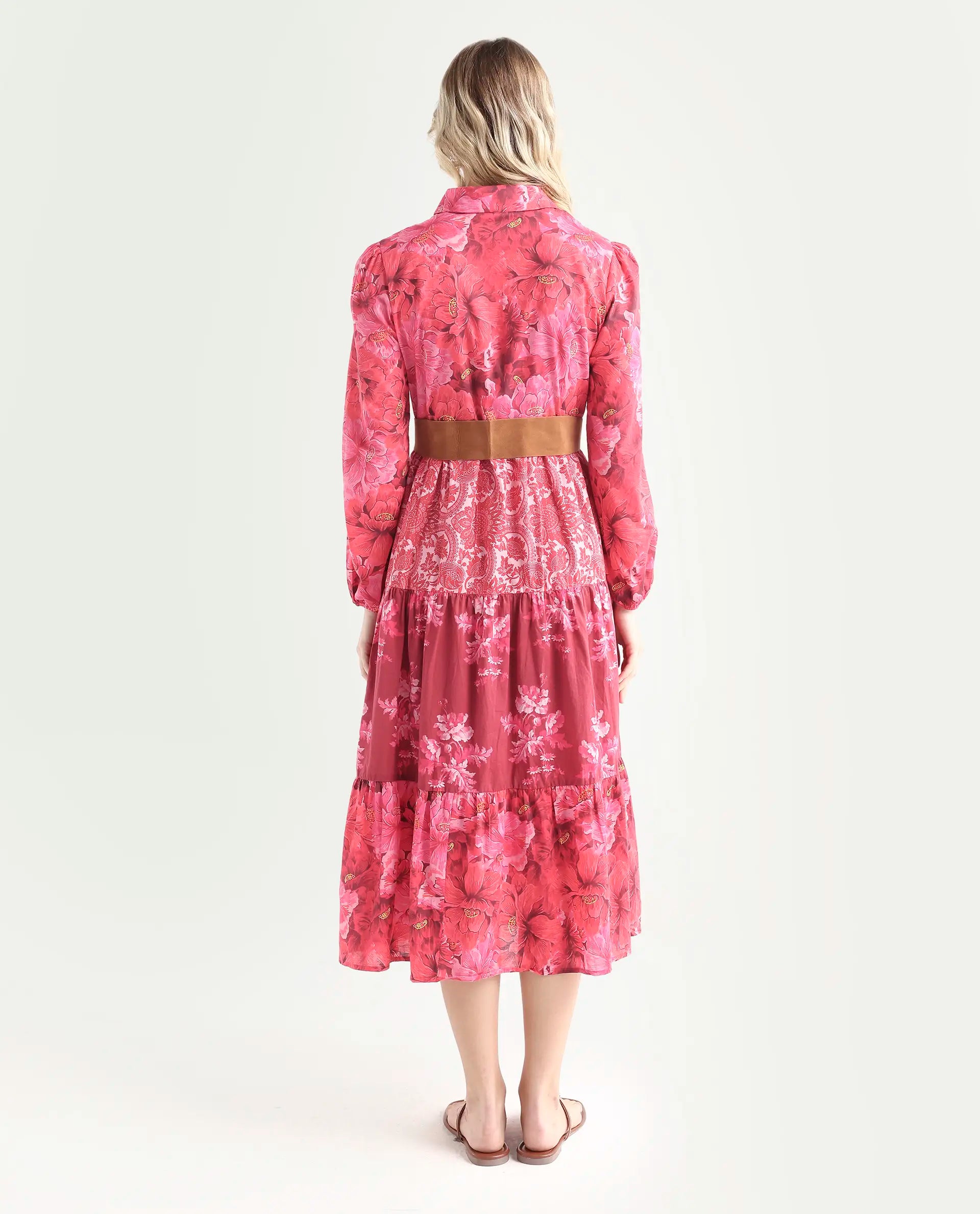 Rareism Women's Ixora Maroon Cotton Spread Collar Floral Print Knee Length Regular Fit Dress