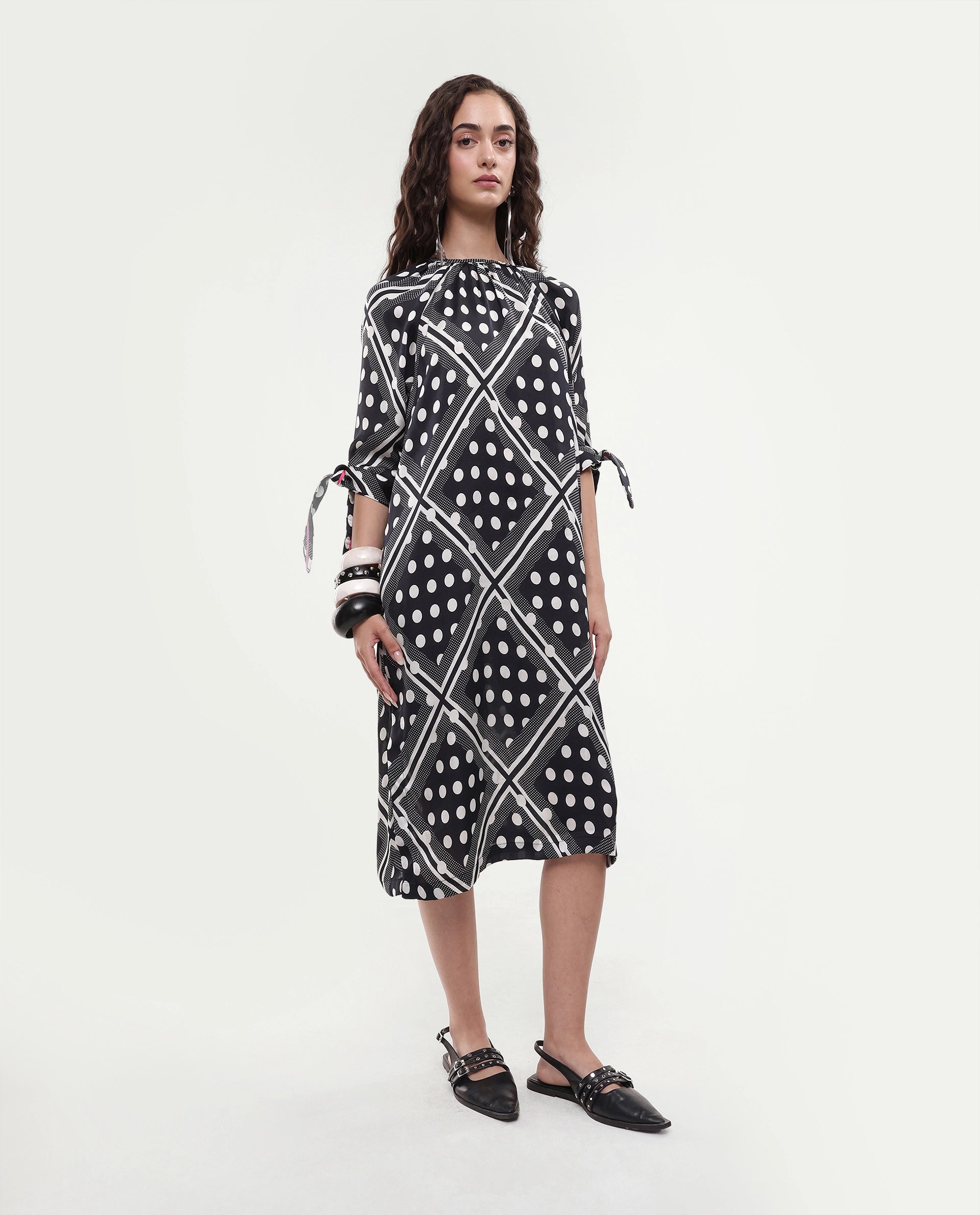 Rareism Women's Jeannie Black Polyester Boat Neck Polka Print Knee Length Regular Fit Dress