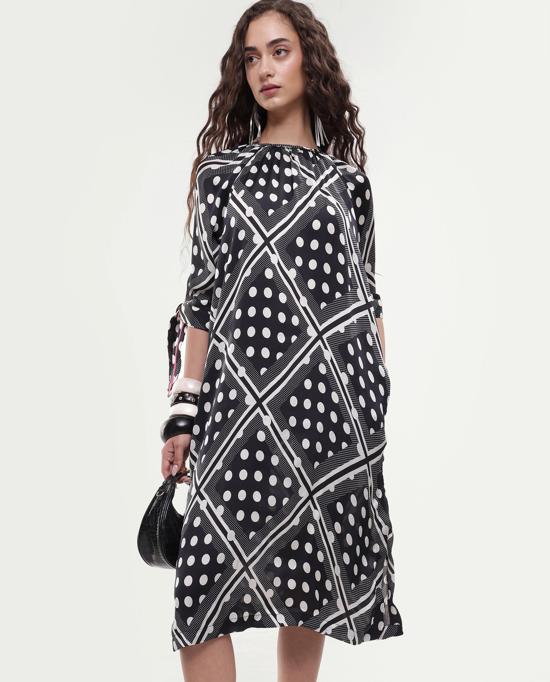 Rareism Women's Jeannie Black Polyester Boat Neck Polka Print Knee Length Regular Fit Dress