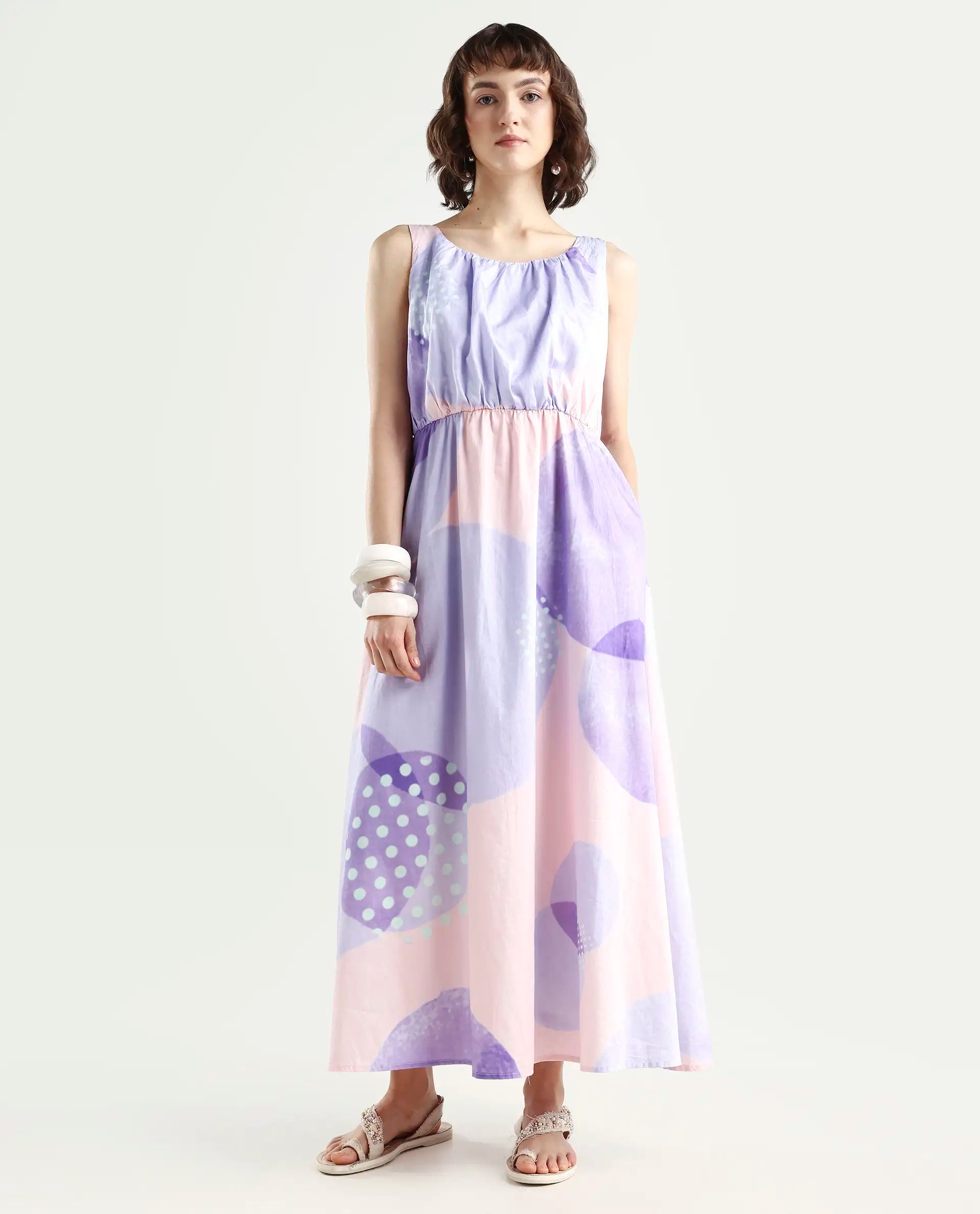 Rareism Women's Cordova Pink Cotton Boat Neck Polka Print Sleeveless Knee Length Tailored Dress