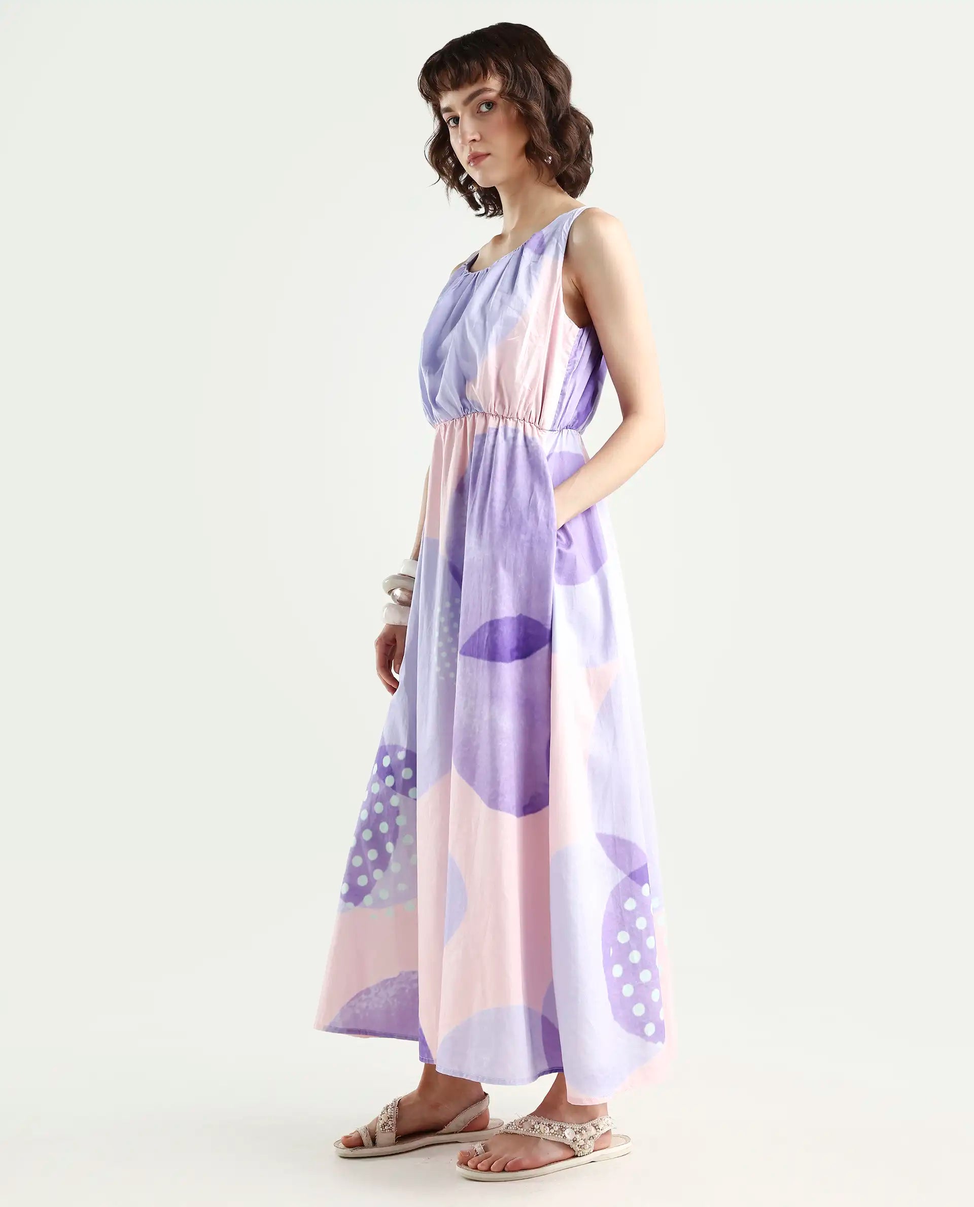 Rareism Women's Cordova Pink Cotton Boat Neck Polka Print Sleeveless Knee Length Tailored Dress