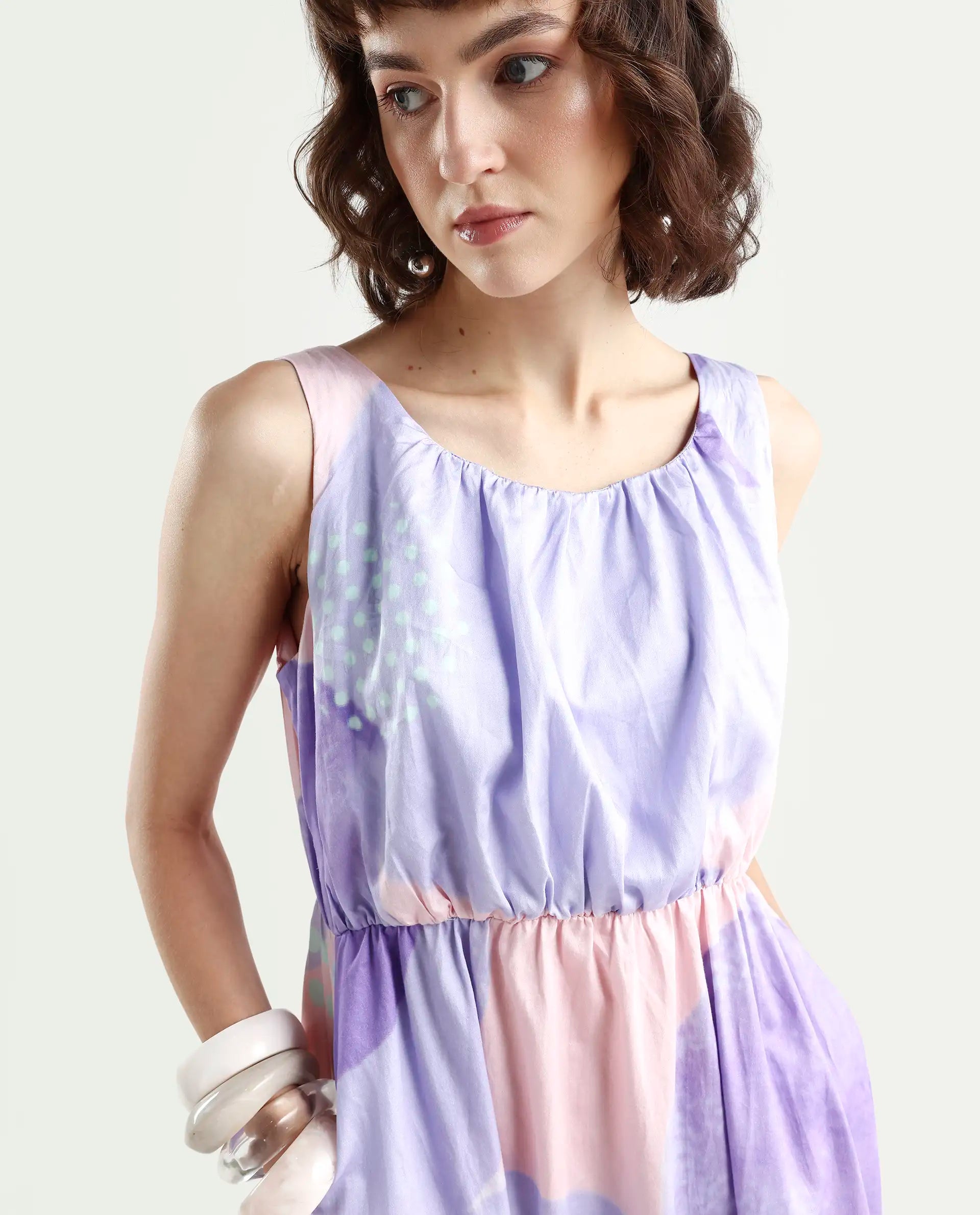 Rareism Women's Cordova Pink Cotton Boat Neck Polka Print Sleeveless Knee Length Tailored Dress