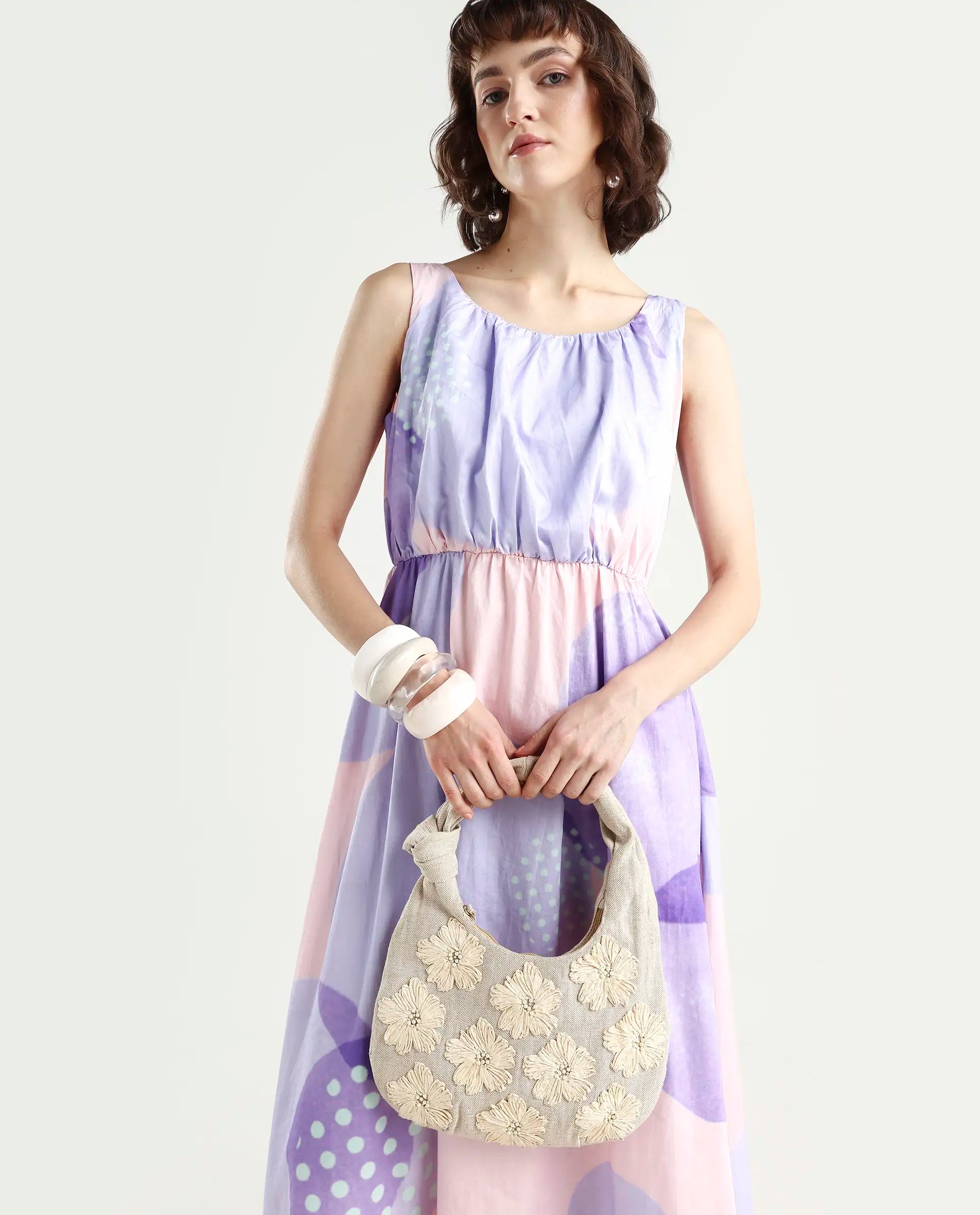 Rareism Women's Cordova Pink Cotton Boat Neck Polka Print Sleeveless Knee Length Tailored Dress