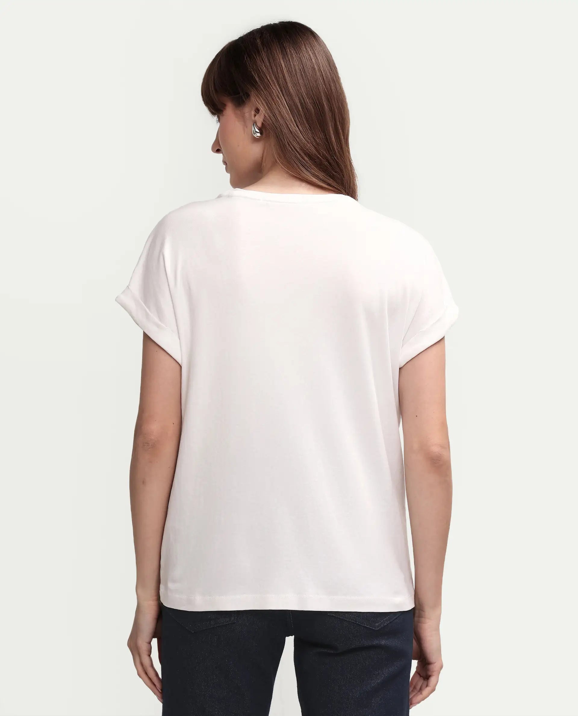 Rareism Women's Ira White Cotton Crew Neck Graphic Print Regular Fit T-Shirt