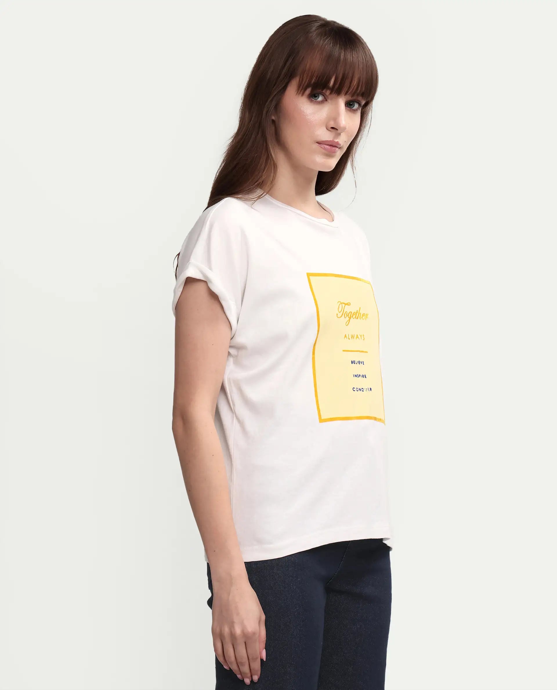 Rareism Women's Ira White Cotton Crew Neck Graphic Print Regular Fit T-Shirt
