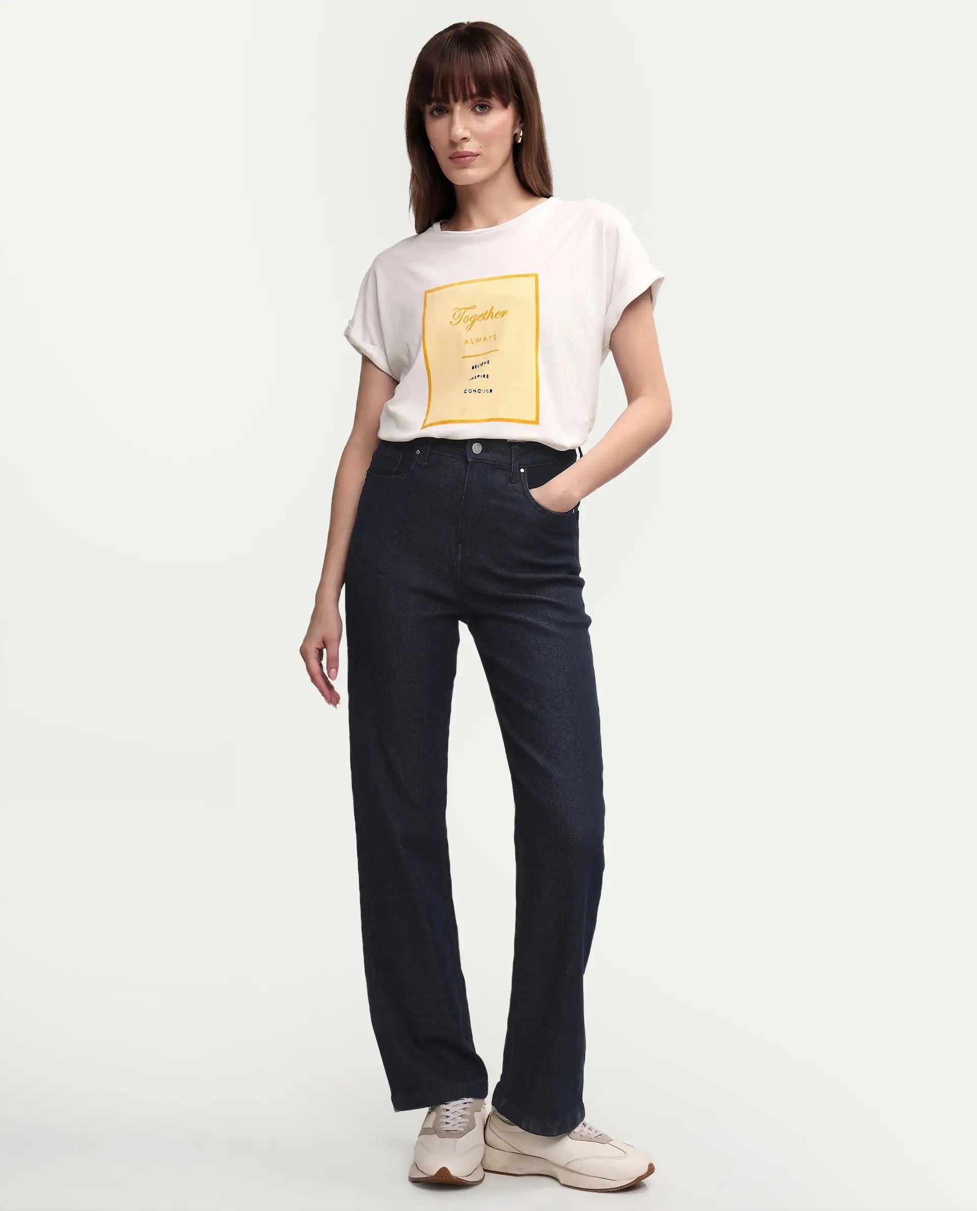 Rareism Women's Ira White Cotton Crew Neck Graphic Print Regular Fit T-Shirt
