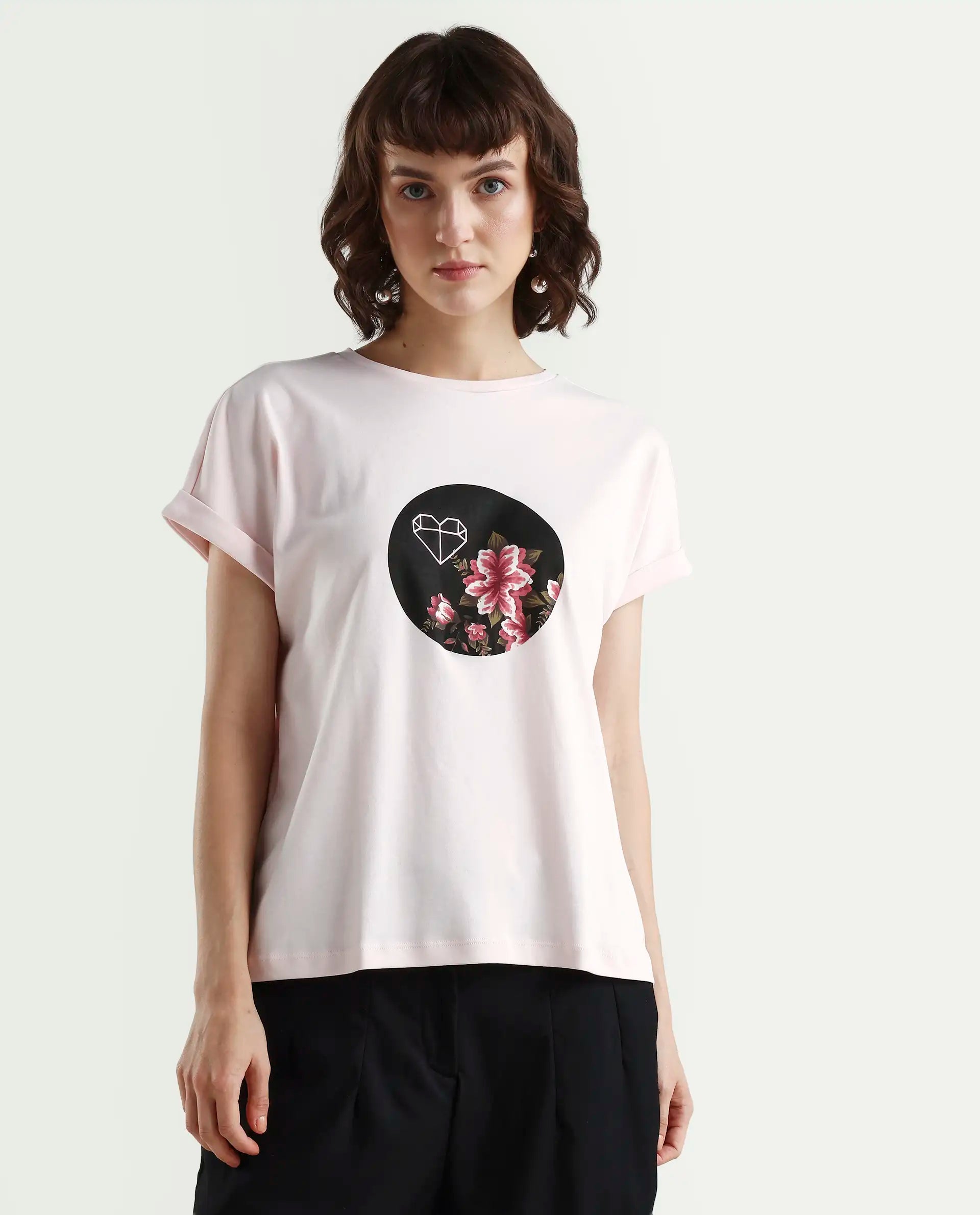 Rareism Women's Vitivus Pink Cotton Crew Neck Graphic Print Regular Fit T-Shirt