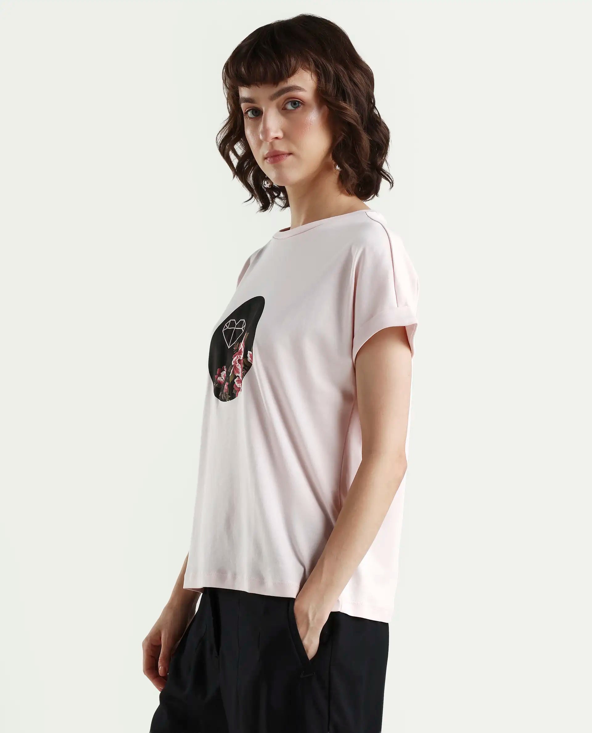 Rareism Women's Vitivus Pink Cotton Crew Neck Graphic Print Regular Fit T-Shirt