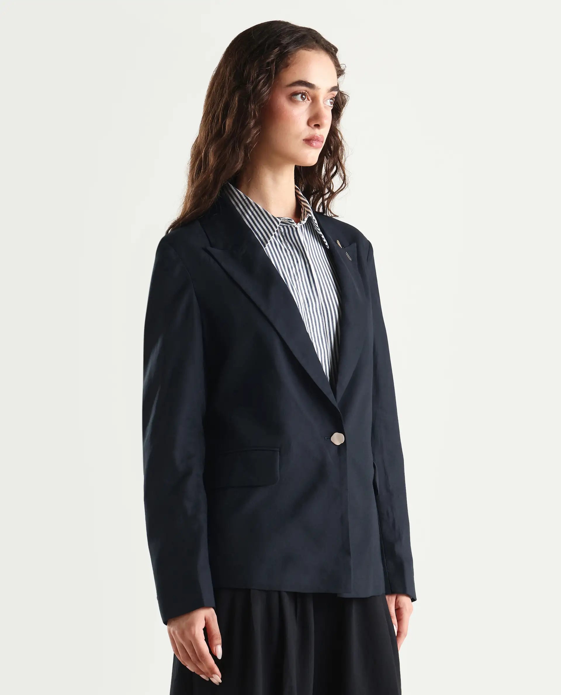 Rareism Women's Ziva Black Polyester Lapel Neck Plain Tailored Blazer