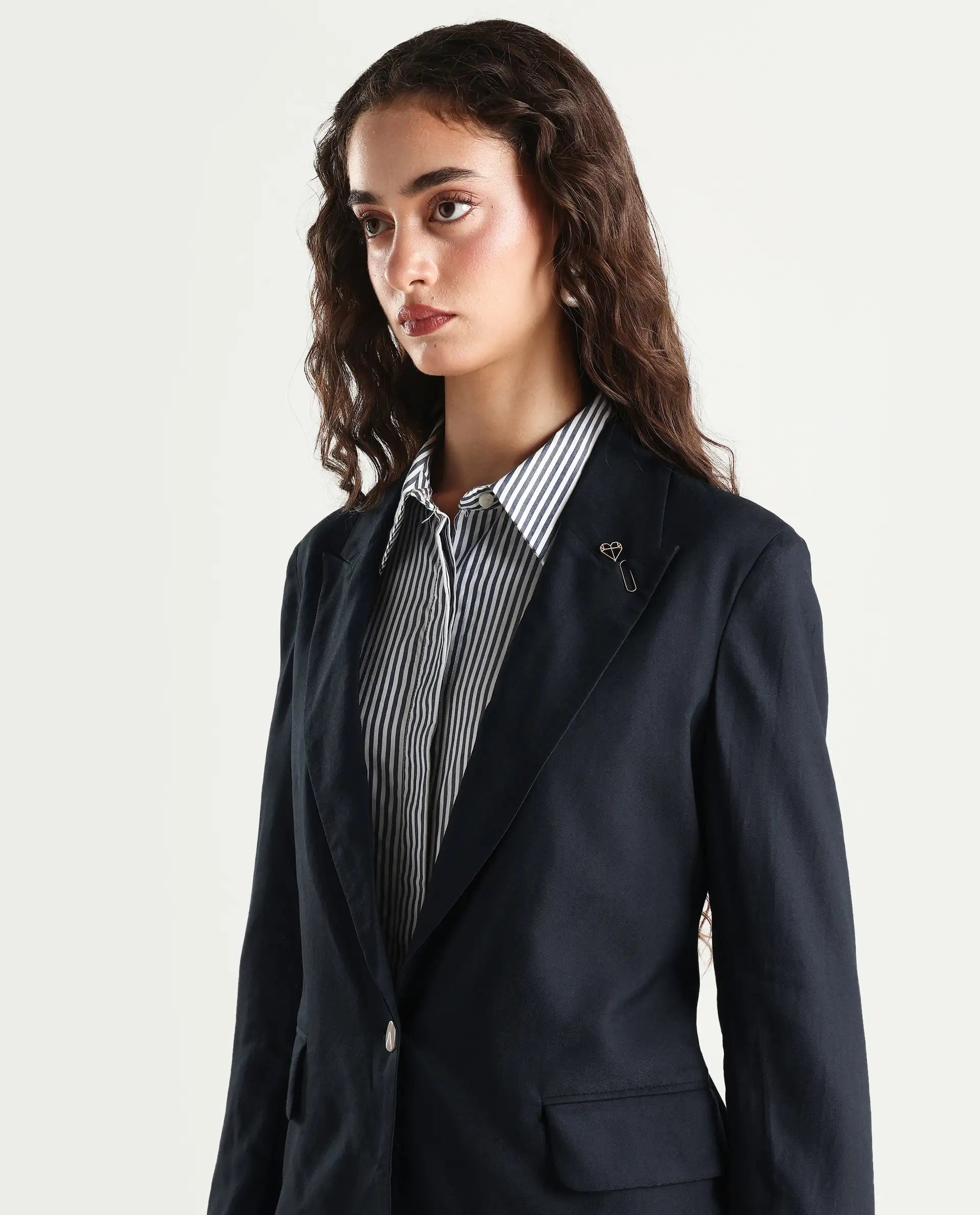 Rareism Women's Ziva Black Polyester Lapel Neck Plain Tailored Blazer