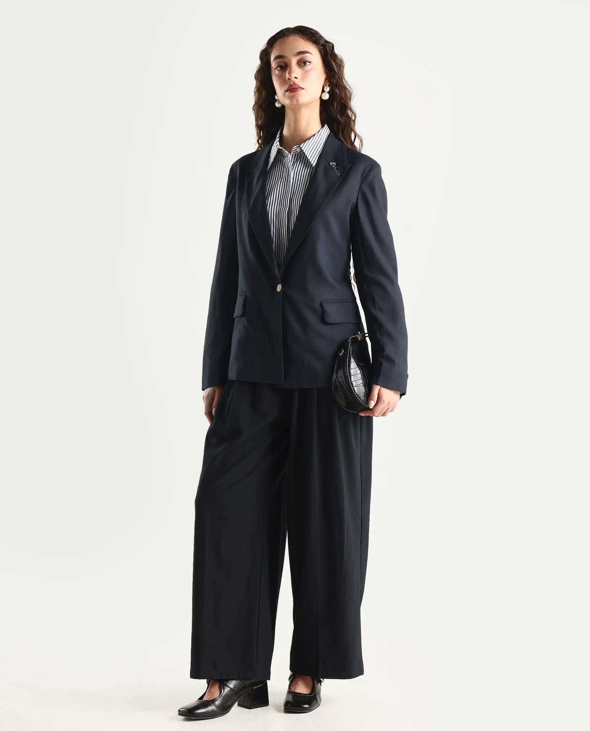 Rareism Women's Ziva Black Polyester Lapel Neck Plain Tailored Blazer