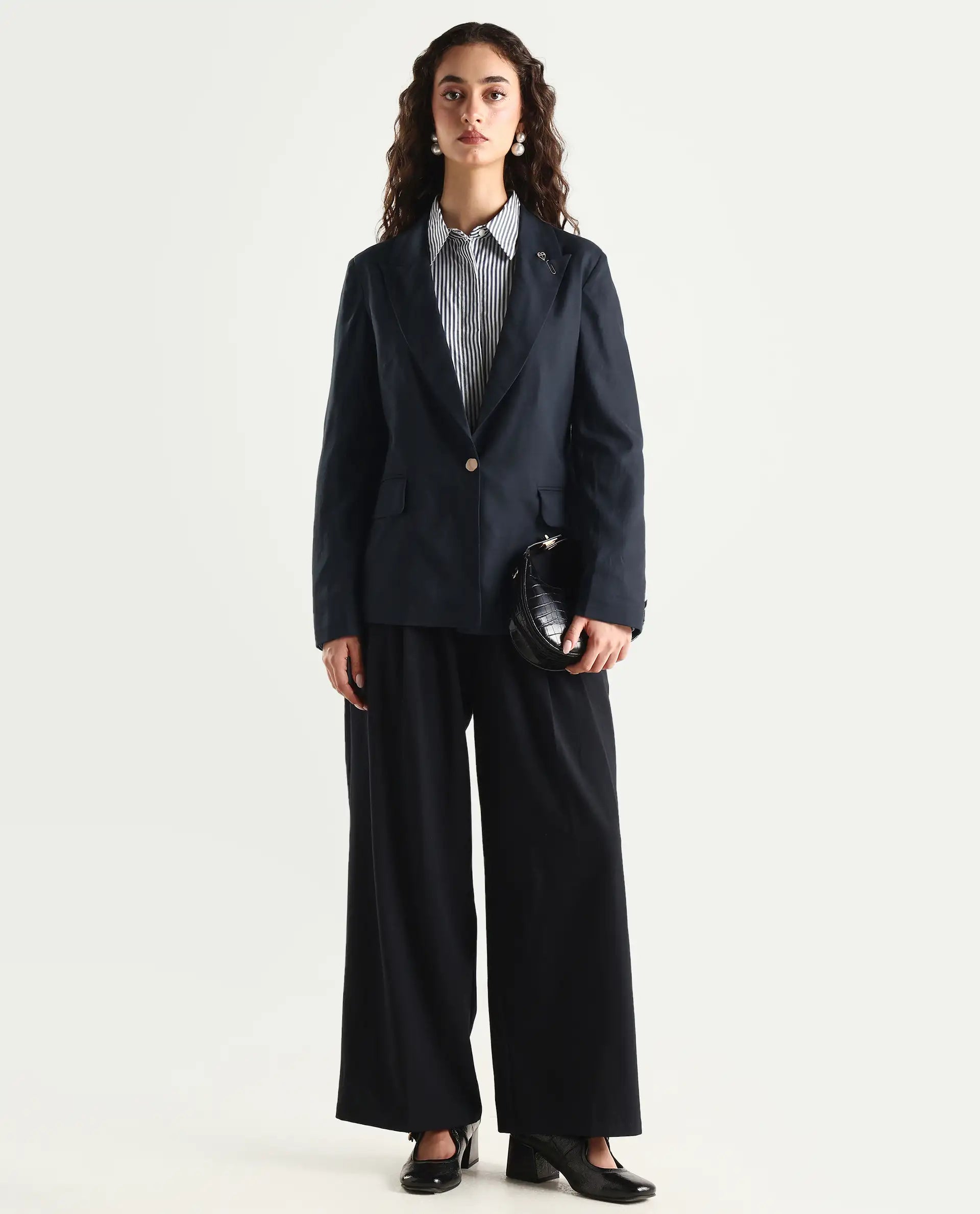 Rareism Women's Ziva Black Polyester Lapel Neck Plain Tailored Blazer