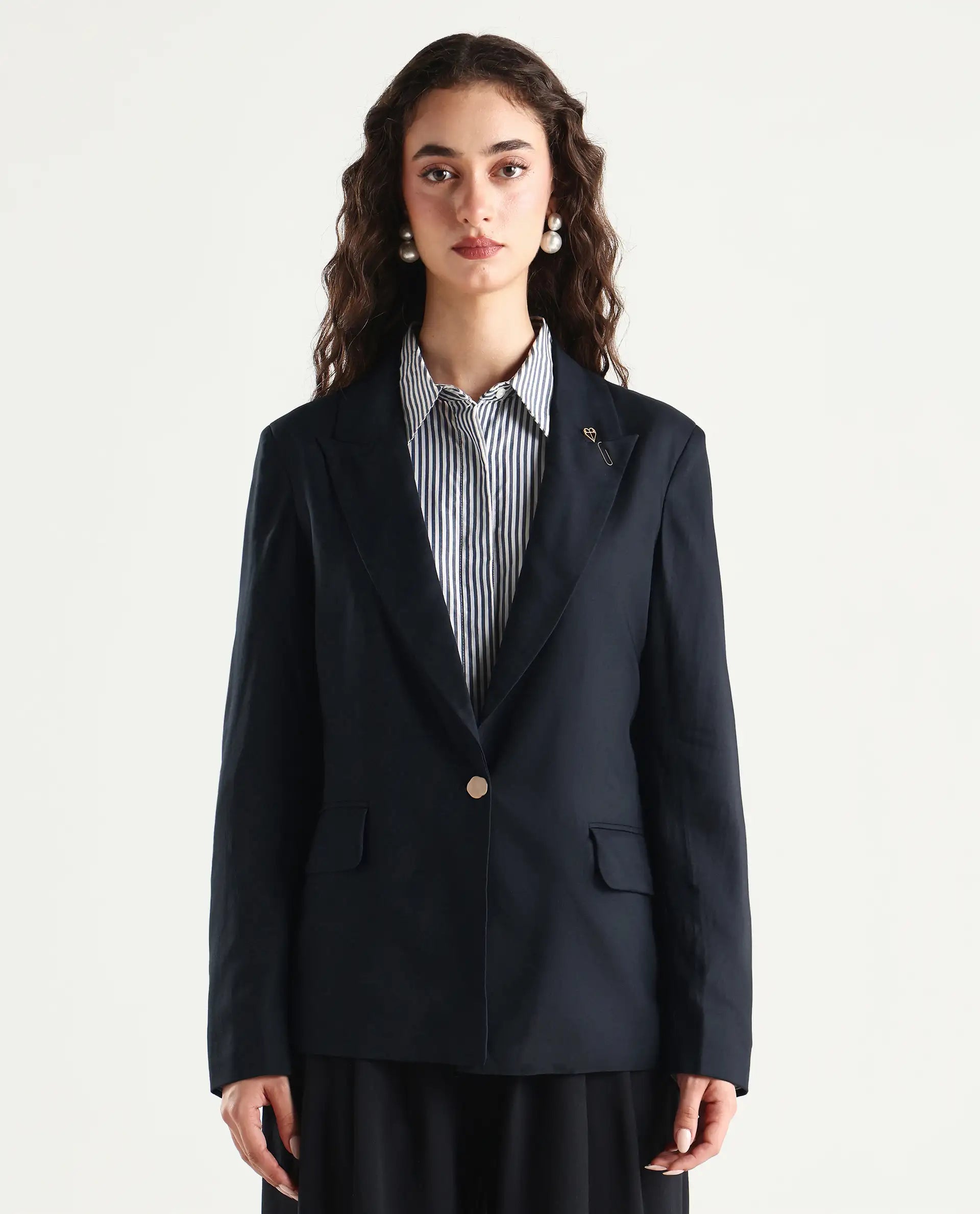 Rareism Women's Ziva Black Polyester Lapel Neck Plain Tailored Blazer