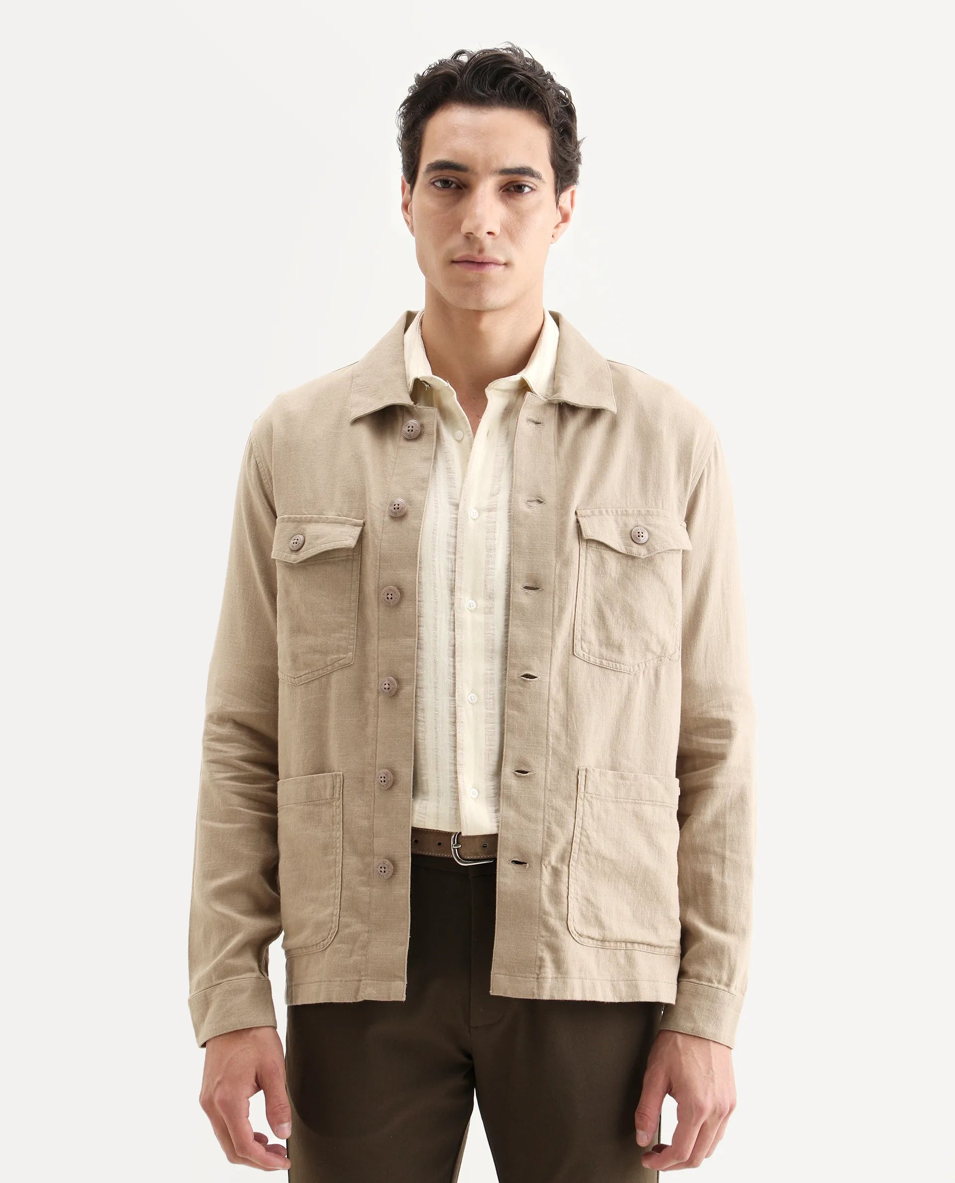 Rare Rabbit Men's Gatton Beige Linen Blend Plain Regular Fit Full Sleeve Spread Collar Jacket