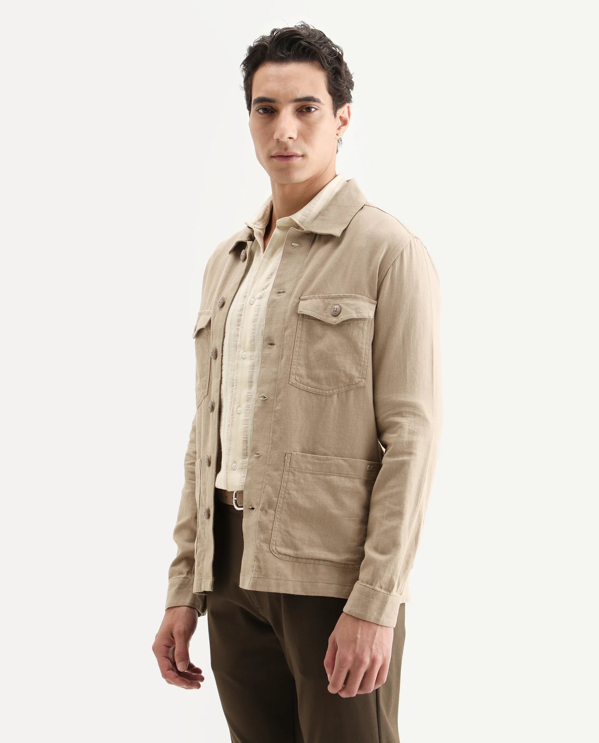 Rare Rabbit Men's Gatton Beige Linen Blend Plain Regular Fit Full Sleeve Spread Collar Jacket