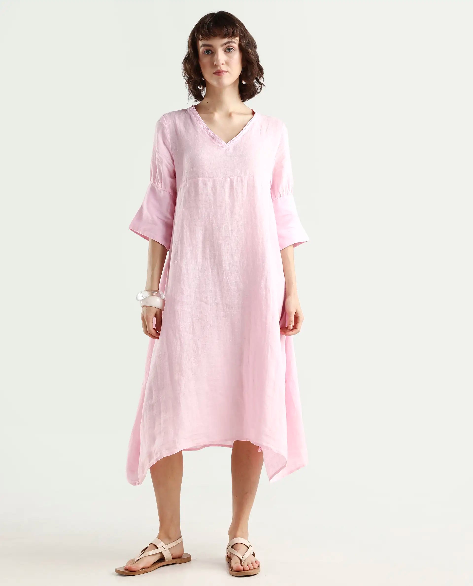 Rareism Women's Chreey 1 Pink Linen V-Neck Plain Extended Sleeves Knee Length Relaxed Fit Dress