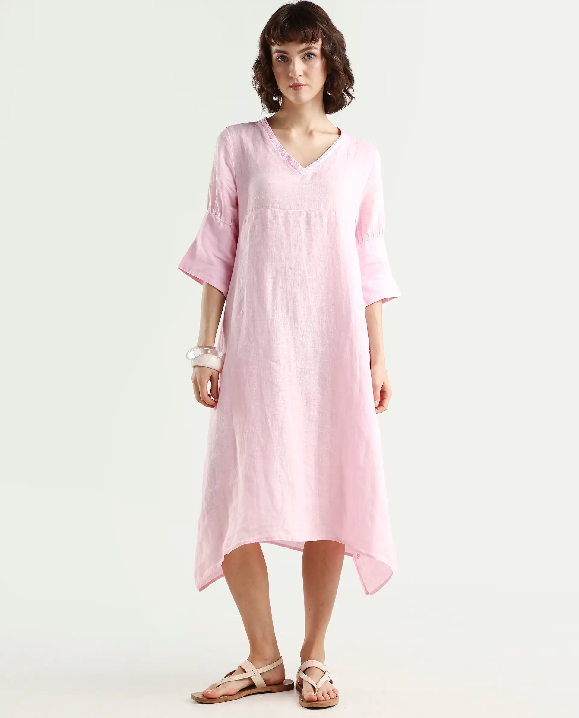 Rareism Women's Chreey 1 Pink Linen V-Neck Plain Extended Sleeves Knee Length Relaxed Fit Dress