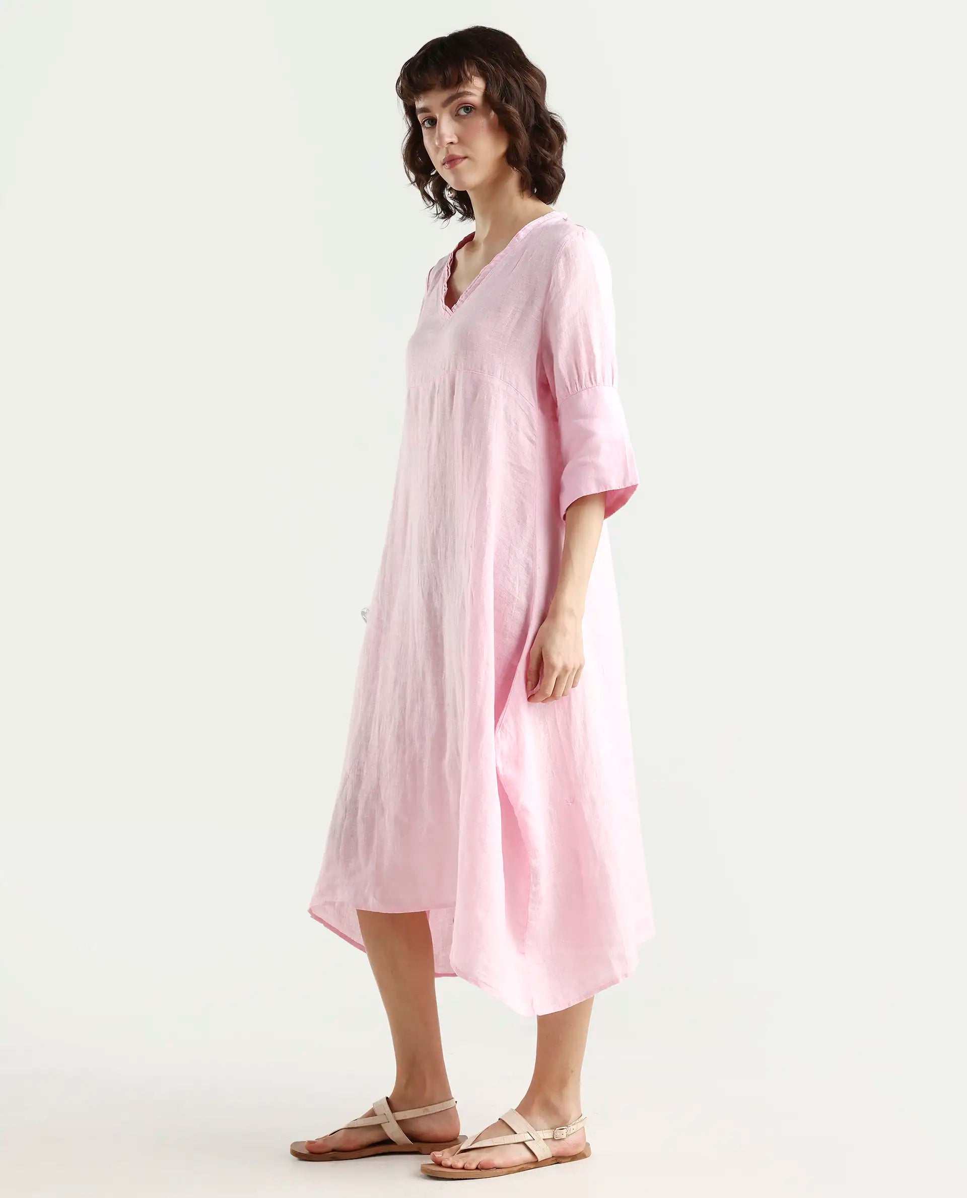 Rareism Women's Chreey 1 Pink Linen V-Neck Plain Extended Sleeves Knee Length Relaxed Fit Dress
