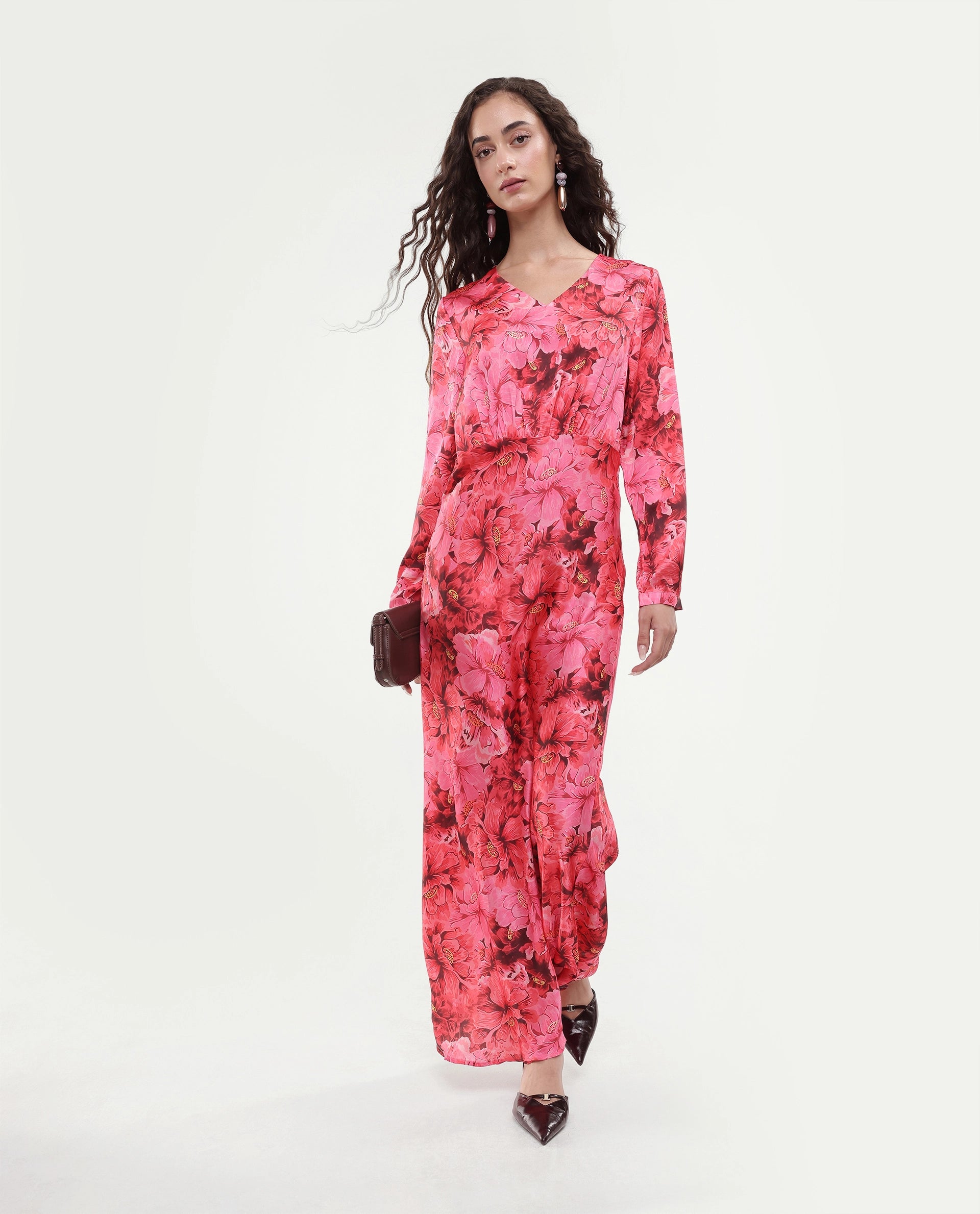 Rareism Women's Merlot Maroon Cotton V-Neck Floral Print Maxi Regular Fit Dress