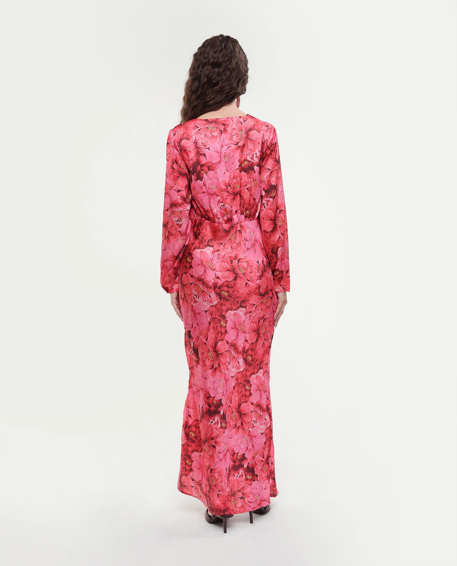Rareism Women's Merlot Maroon Cotton V-Neck Floral Print Maxi Regular Fit Dress