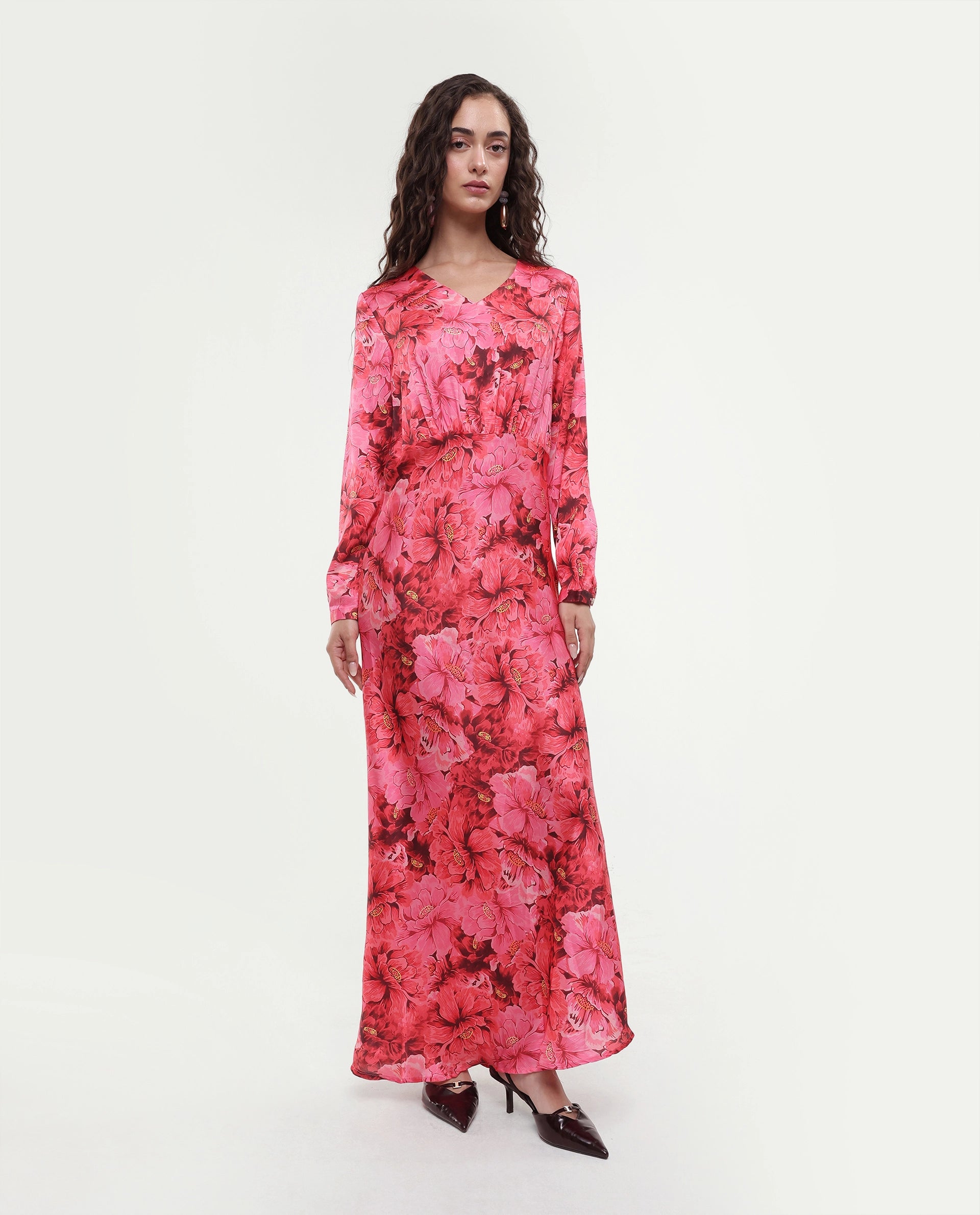 Rareism Women's Merlot Maroon Cotton V-Neck Floral Print Maxi Regular Fit Dress