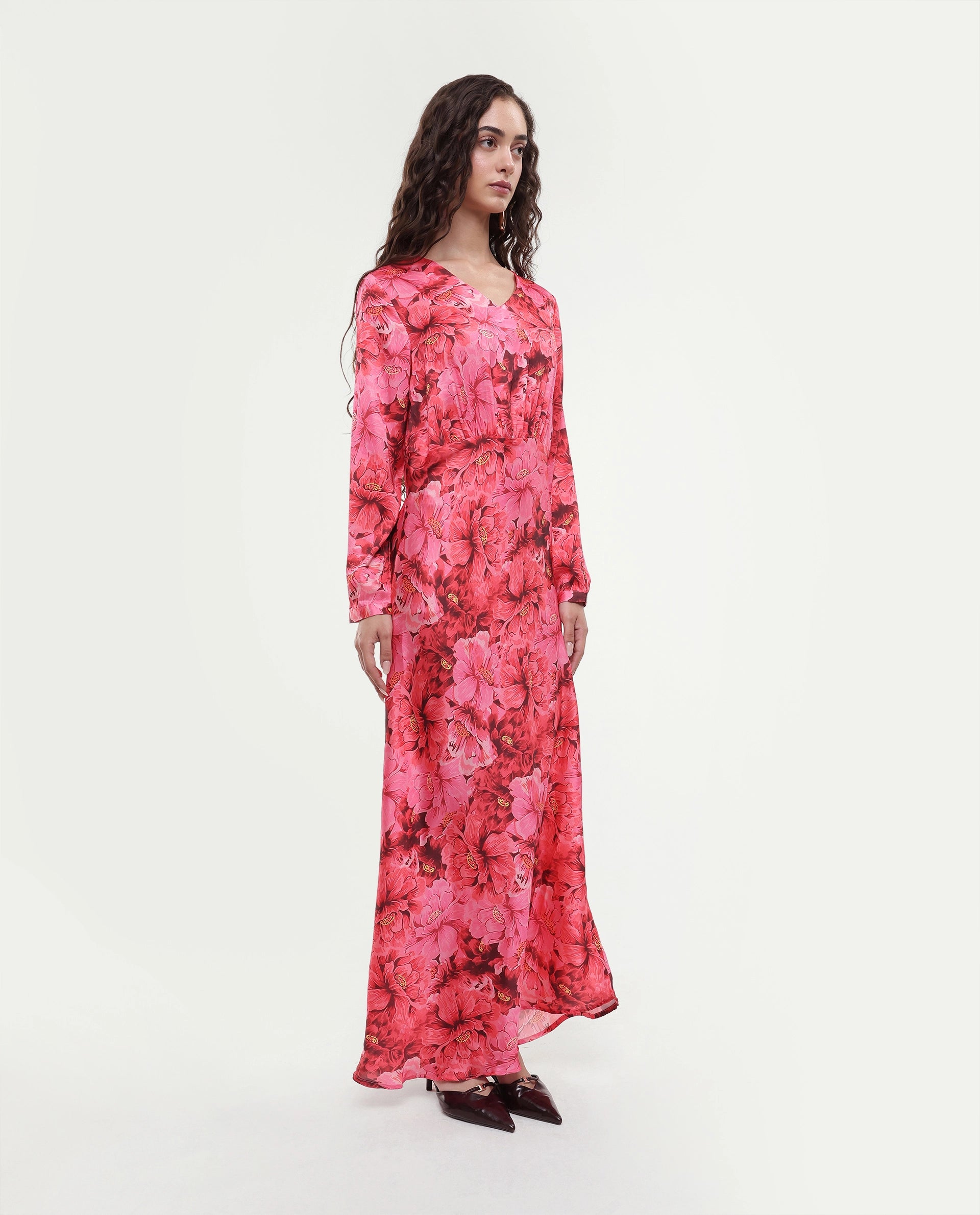 Rareism Women's Merlot Maroon Cotton V-Neck Floral Print Maxi Regular Fit Dress