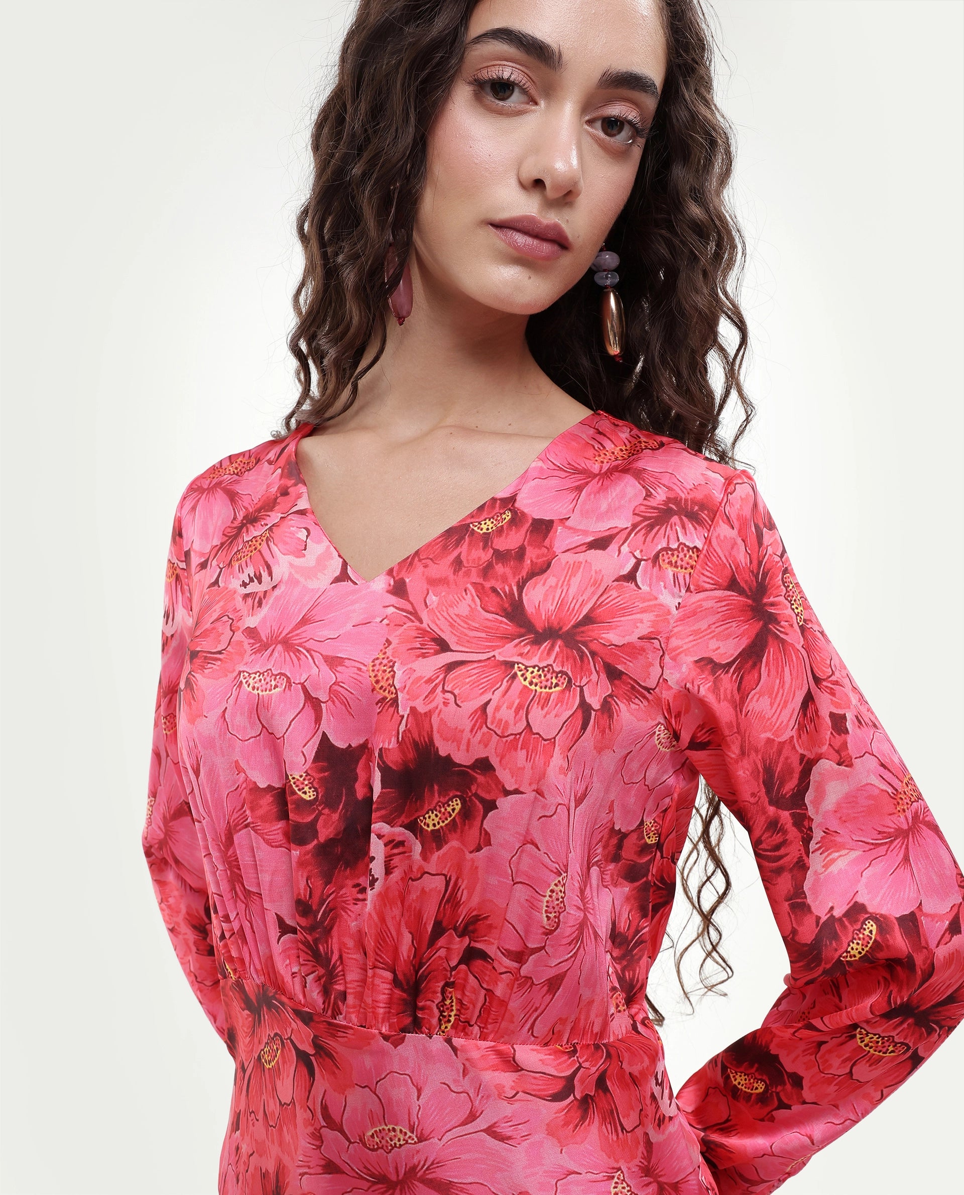 Rareism Women's Merlot Maroon Cotton V-Neck Floral Print Maxi Regular Fit Dress