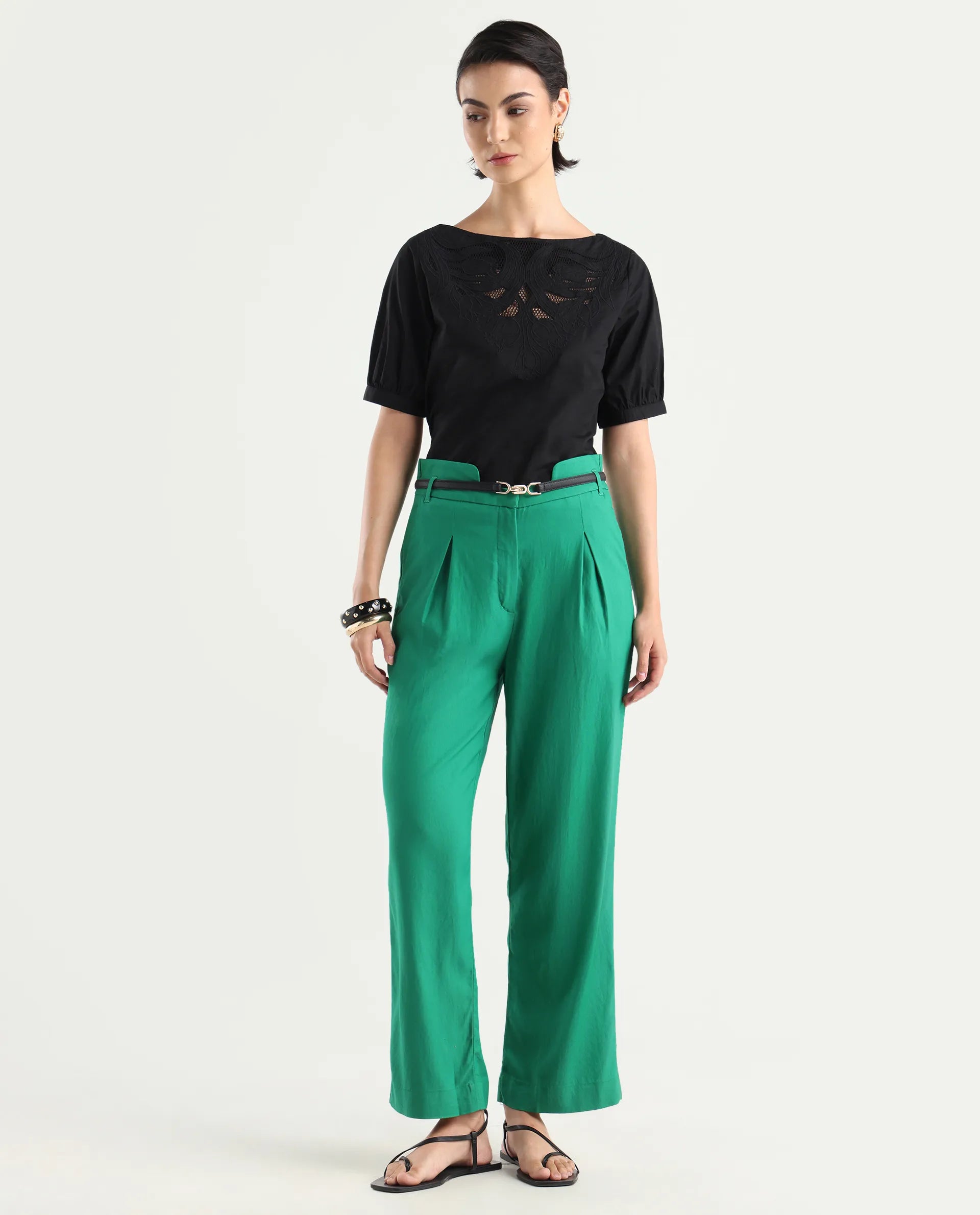 Rareism Women's Evanova Green Polyester Blend Plain Ankle Length Regular Fit Trouser
