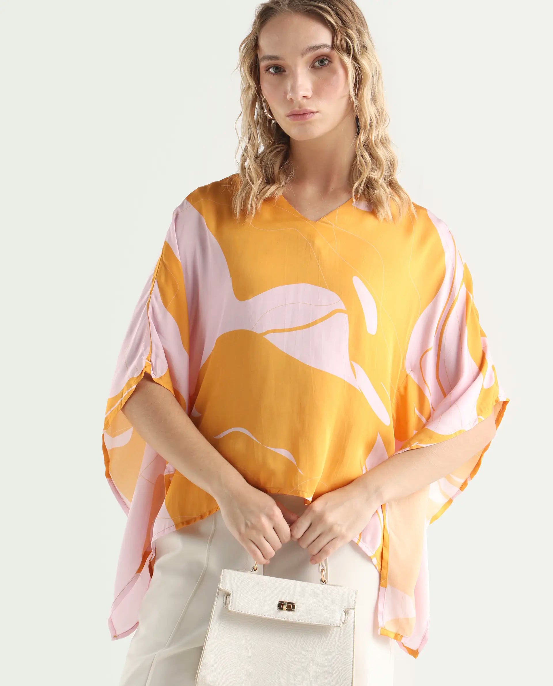 Rareism Women's Alyse Mustard Modal V-Neck Abstract Print Regular Fit Top