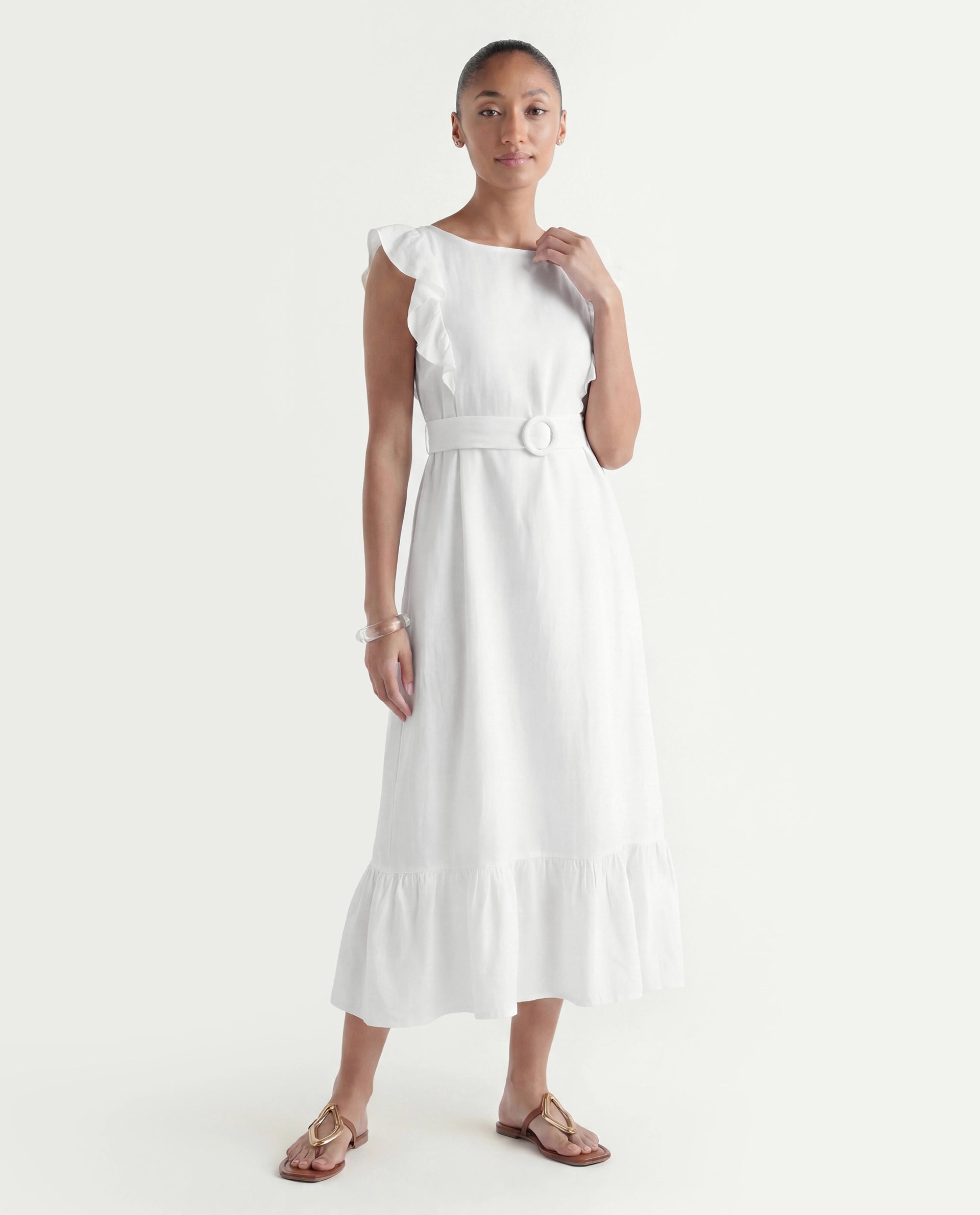 Rareism Women's Anne White Linen Boat Neck Plain Ruffled Sleeve Maxi Regular Fit Dress