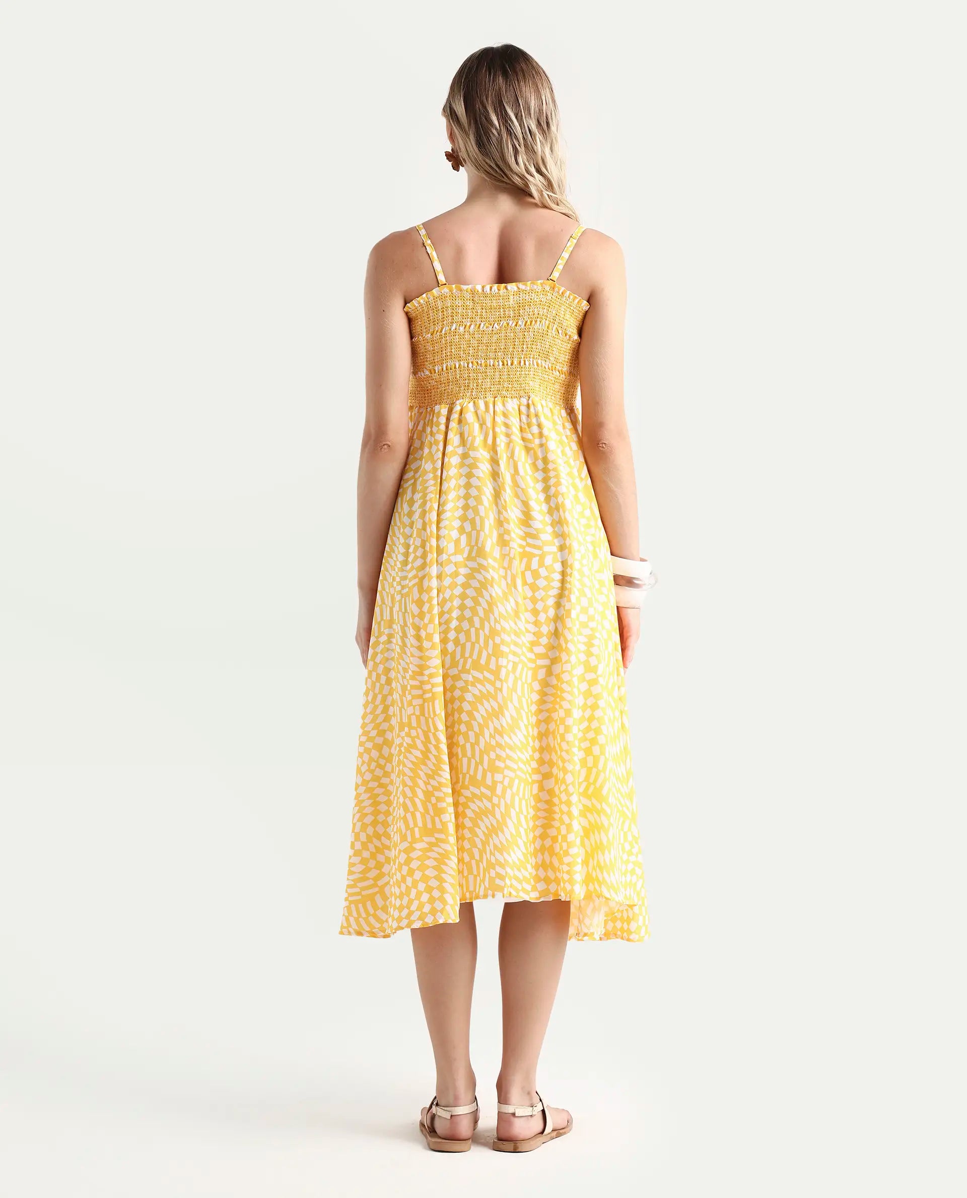 Rareism Women's Daffodil Yellow Cotton Tube Neck Printed Shoulder Strap Knee Length Regular Fit Dress