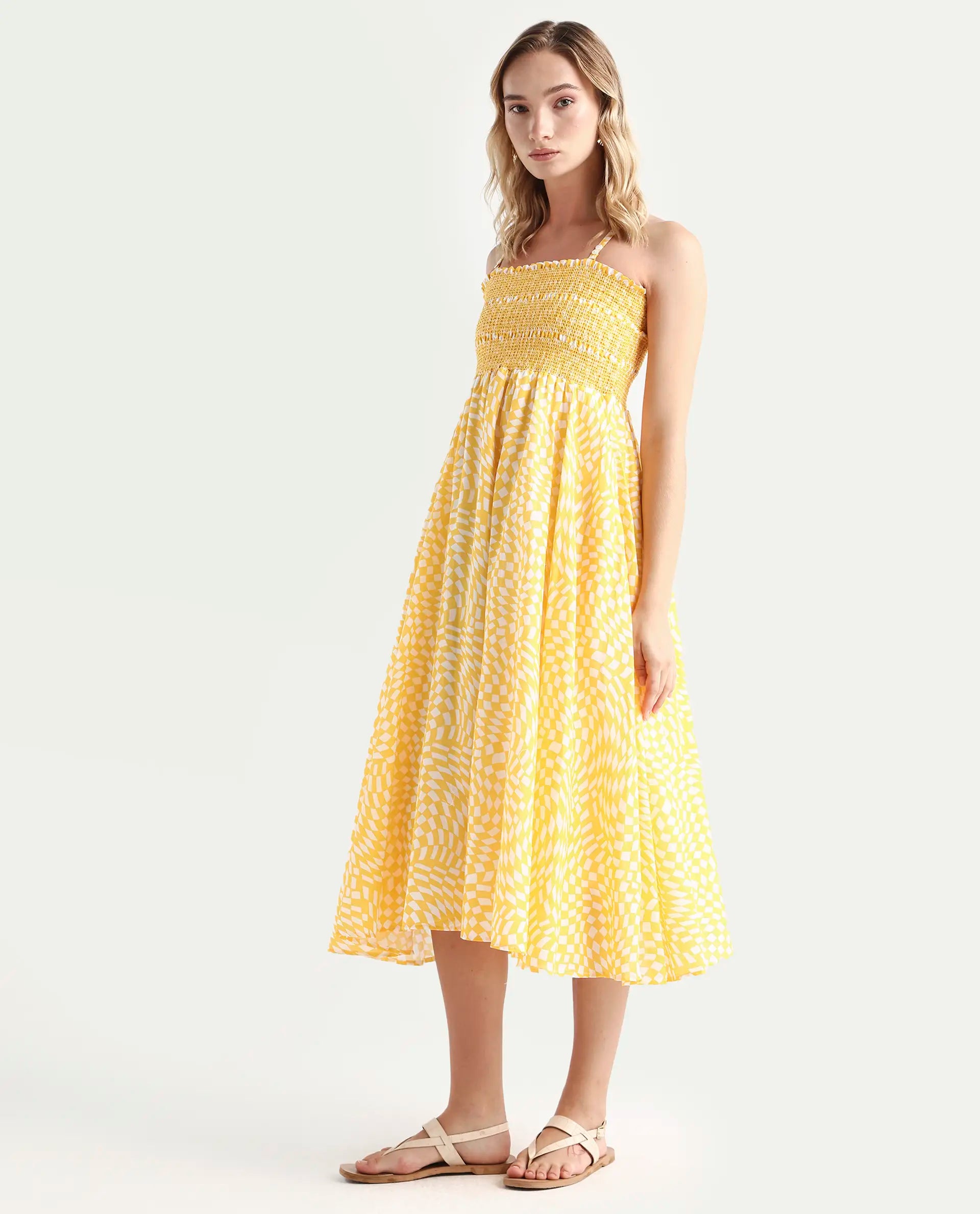 Rareism Women's Daffodil Yellow Cotton Tube Neck Printed Shoulder Strap Knee Length Regular Fit Dress