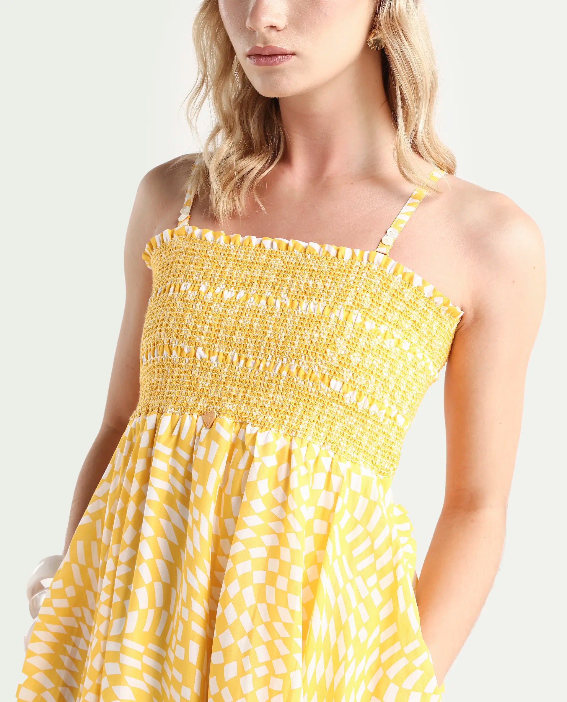 Rareism Women's Daffodil Yellow Cotton Tube Neck Printed Shoulder Strap Knee Length Regular Fit Dress