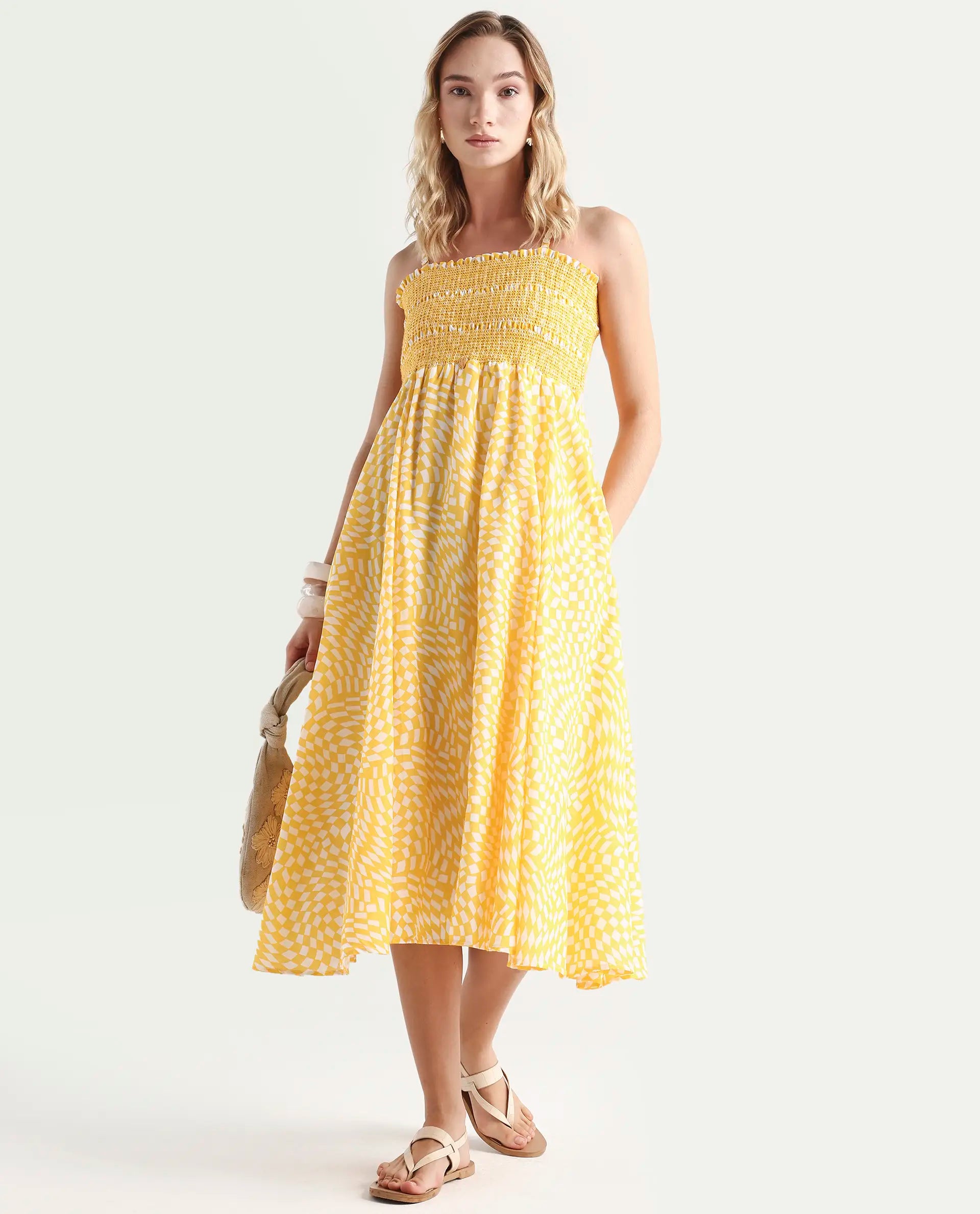 Rareism Women's Daffodil Yellow Cotton Tube Neck Printed Shoulder Strap Knee Length Regular Fit Dress