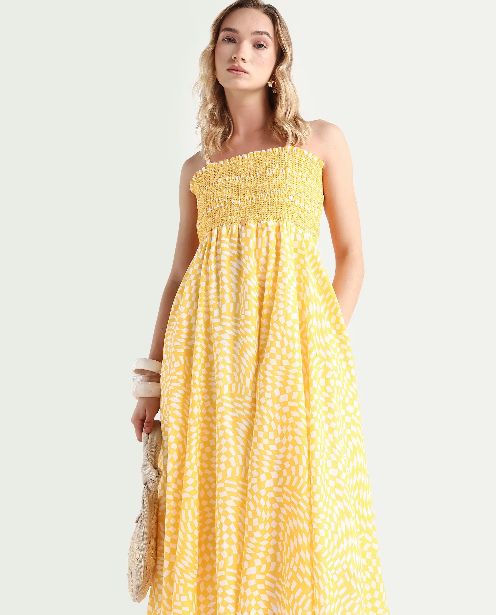 Rareism Women's Daffodil Yellow Cotton Tube Neck Printed Shoulder Strap Knee Length Regular Fit Dress