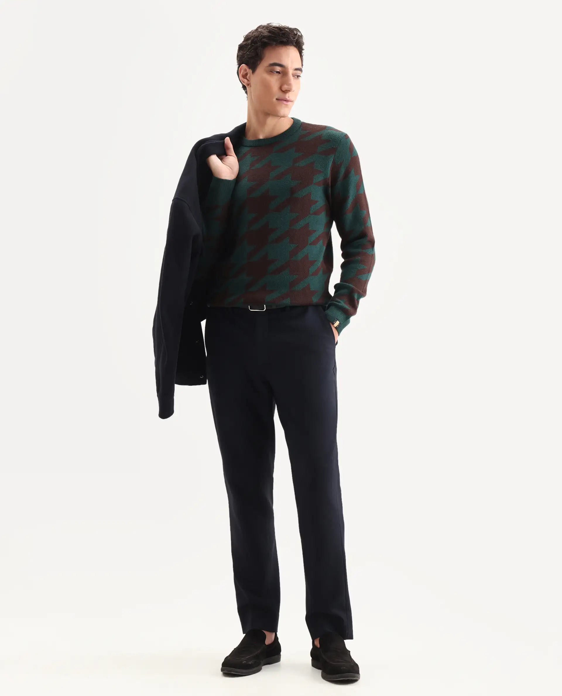 Rare Rabbit Men's Honder Dark Green Viscose Jacquard Relaxed Fit Full Sleeve Crew Neck Sweater