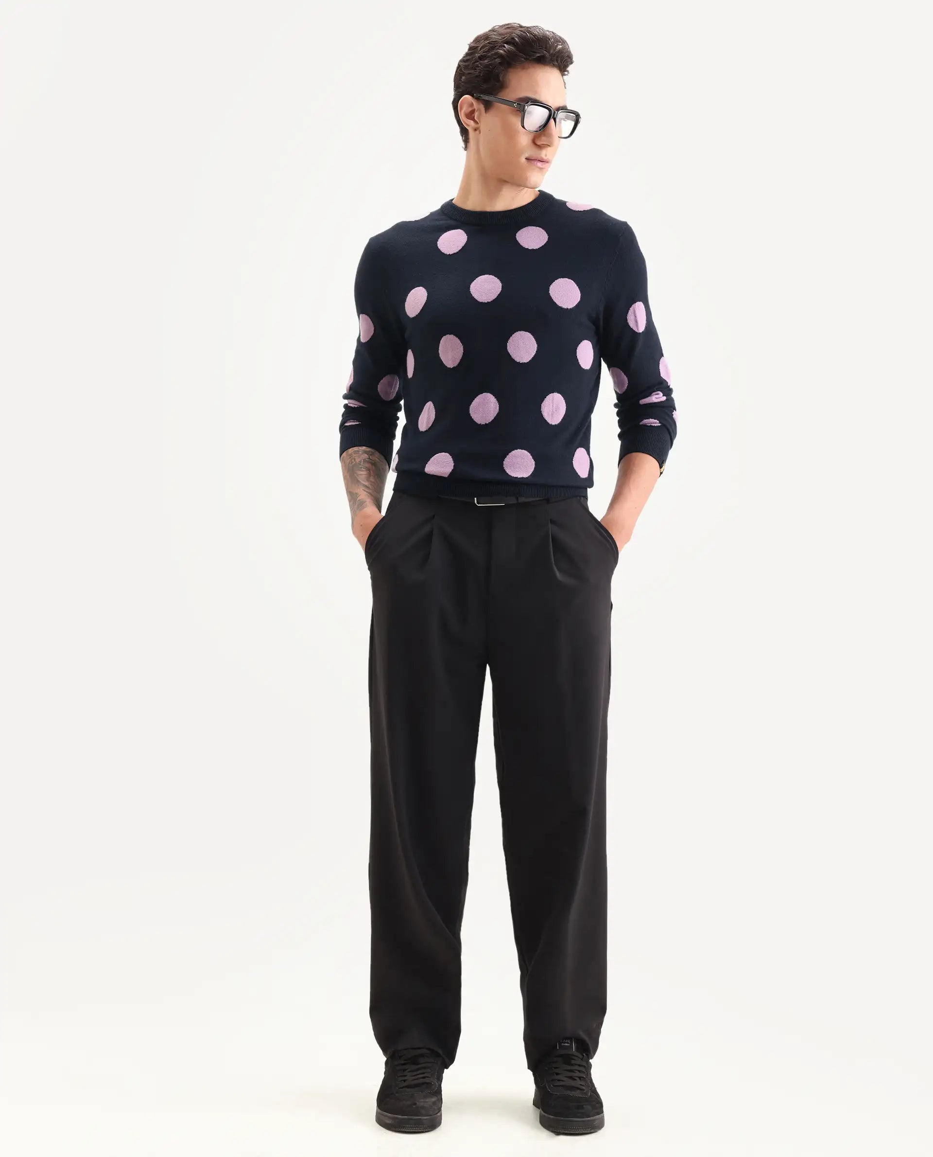 Rare Rabbit Men's Deremy Navy Viscose Polka Print Relaxed Fit Full Sleeve Crew Neck Sweater