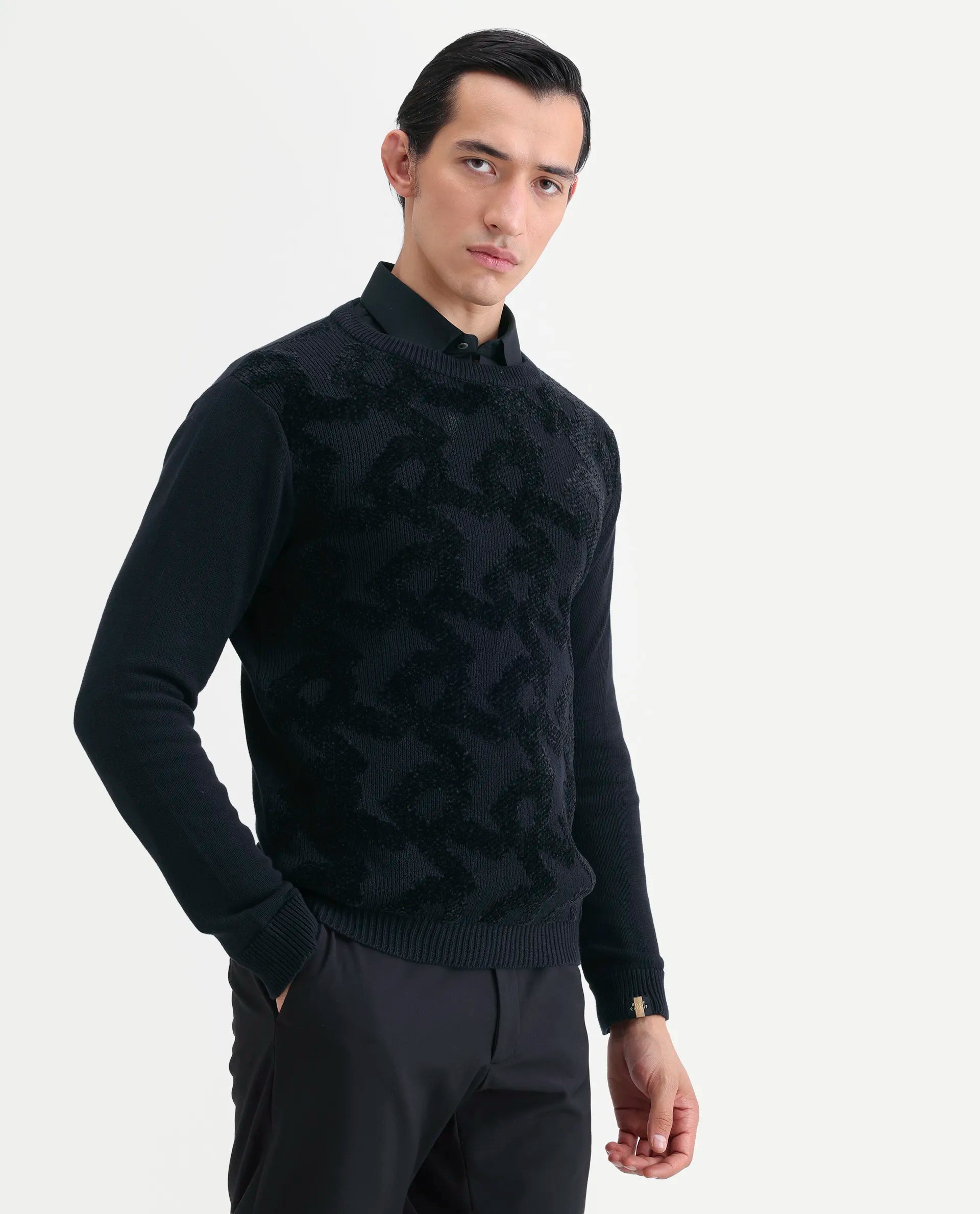 Rare Rabbit Men's Fink Black Cotton Monogram Print Relaxed Fit Full Sleeve Crew Neck Sweater