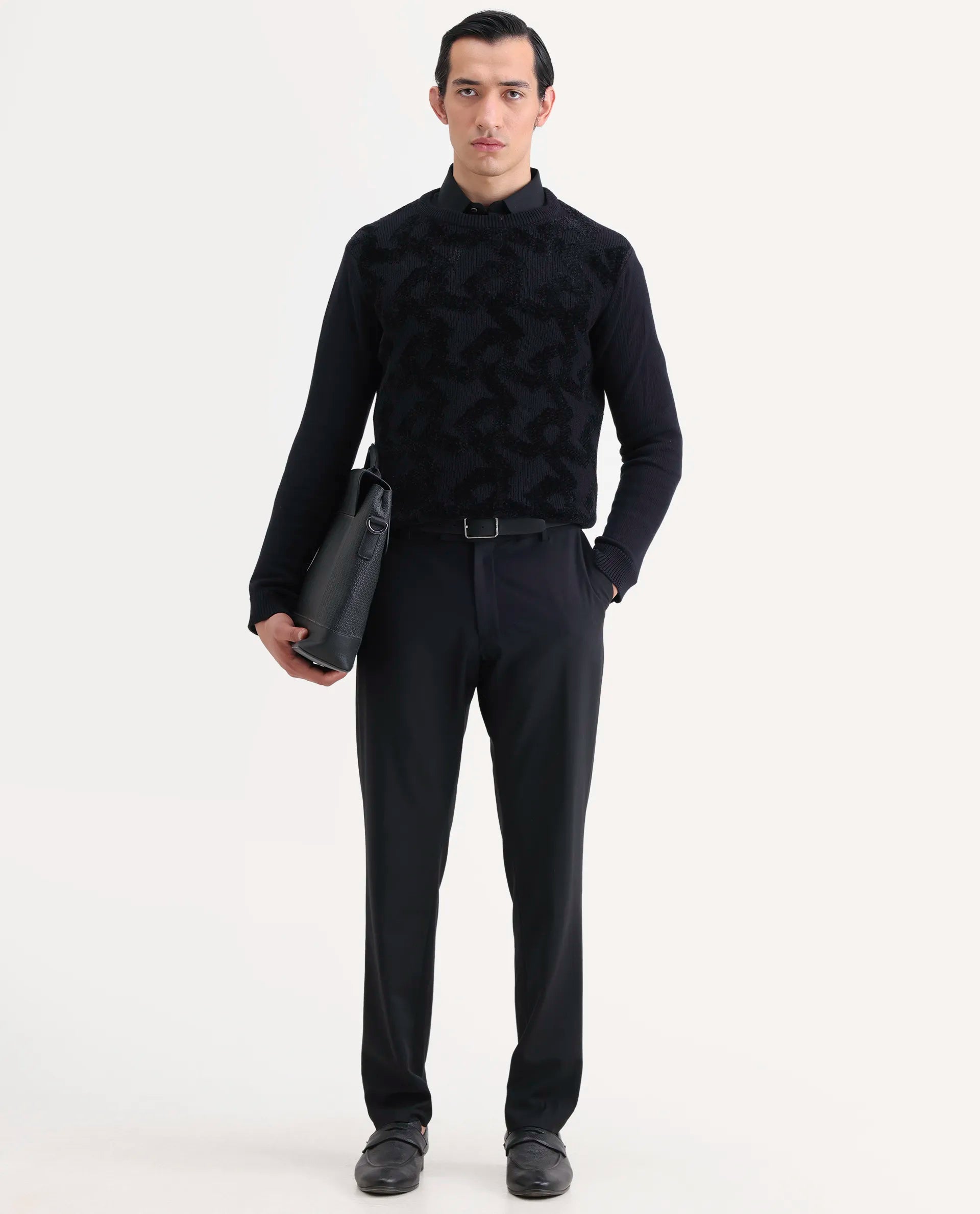 Rare Rabbit Men's Fink Black Cotton Monogram Print Relaxed Fit Full Sleeve Crew Neck Sweater