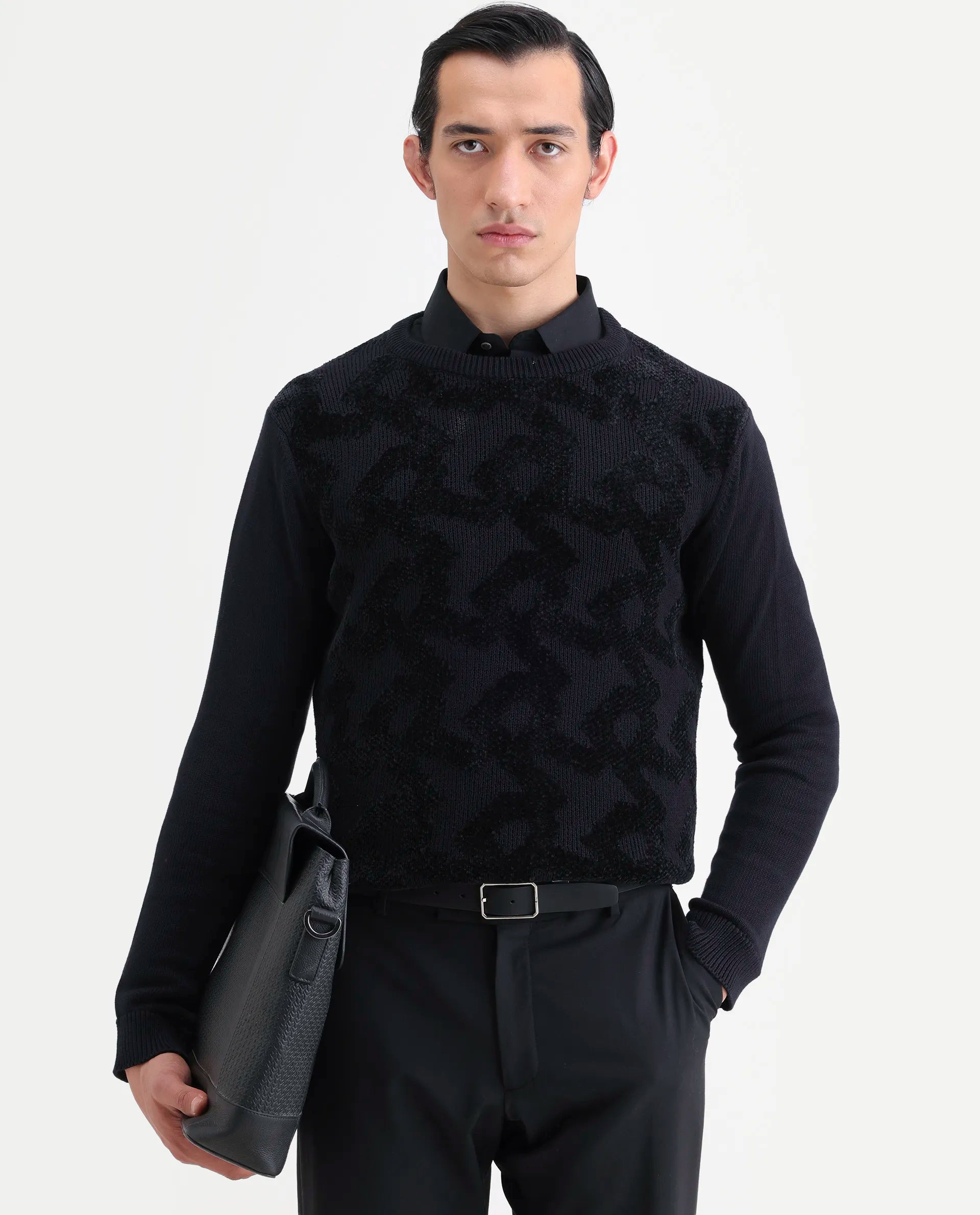 Rare Rabbit Men's Fink Black Cotton Monogram Print Relaxed Fit Full Sleeve Crew Neck Sweater