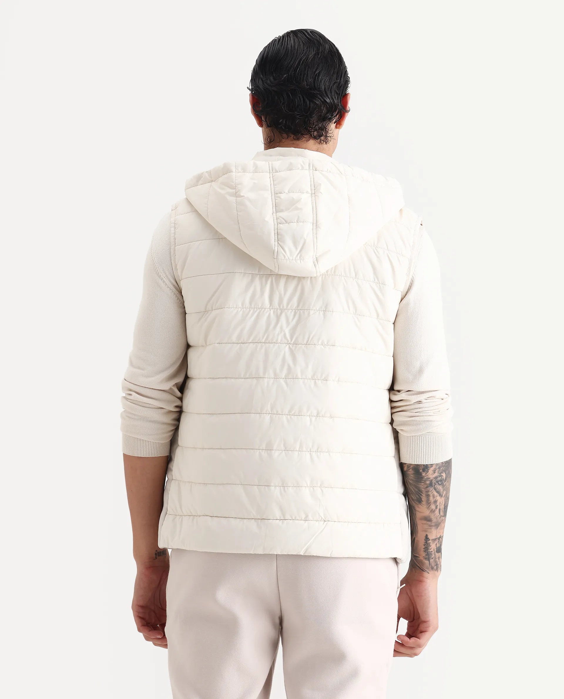 Rare Rabbit Men's Raldo Beige Suede Plain Regular Fit Sleeveless Hooded Jacket