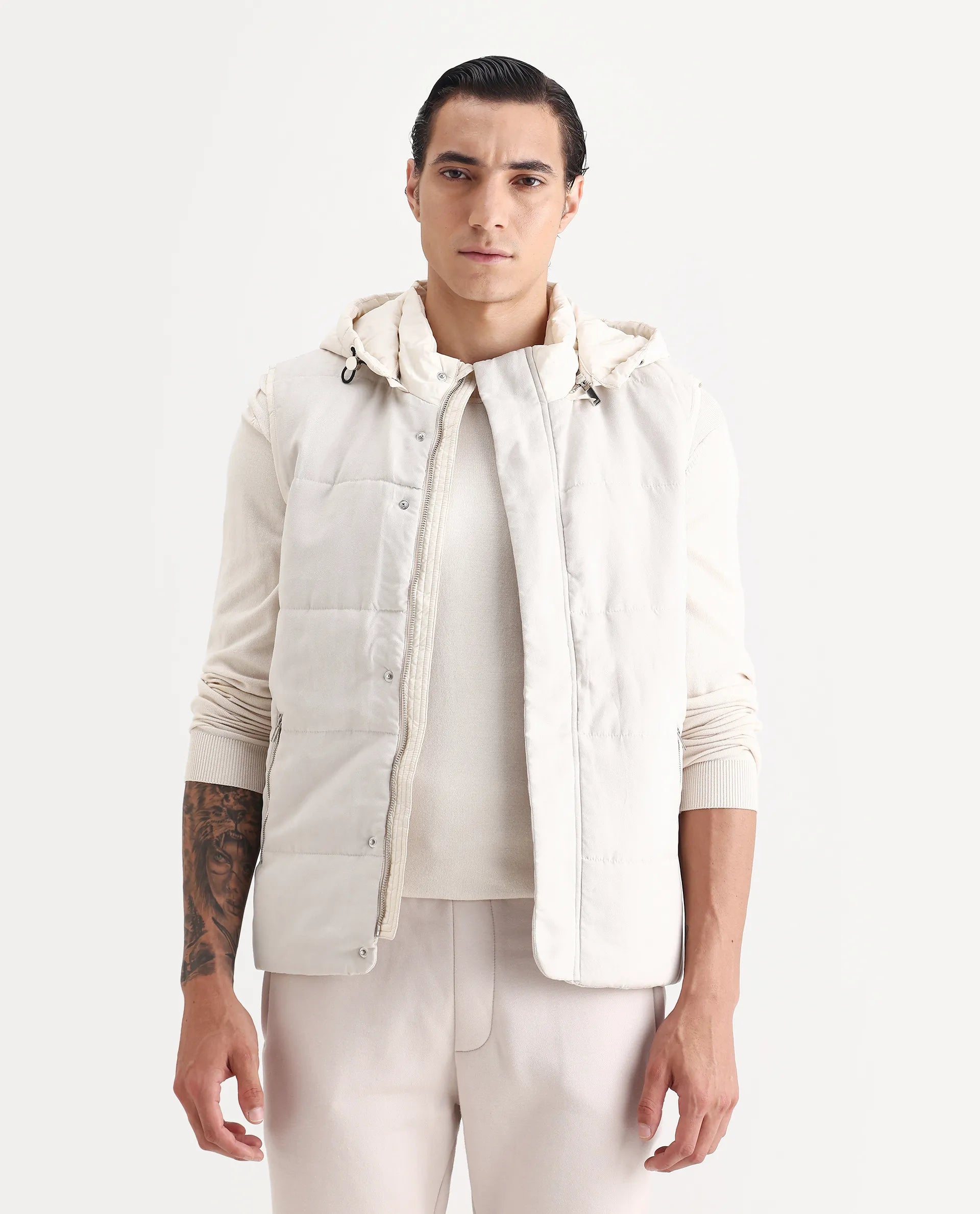 Rare Rabbit Men's Raldo Beige Suede Plain Regular Fit Sleeveless Hooded Jacket