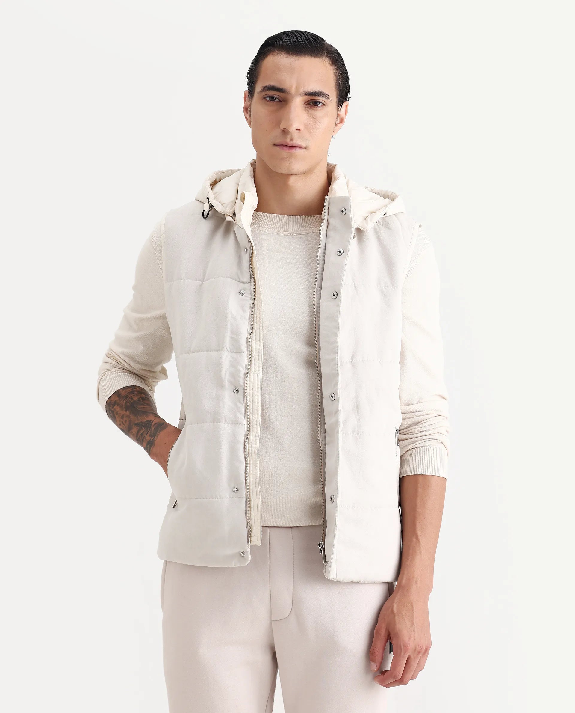 Rare Rabbit Men's Raldo Beige Suede Plain Regular Fit Sleeveless Hooded Jacket