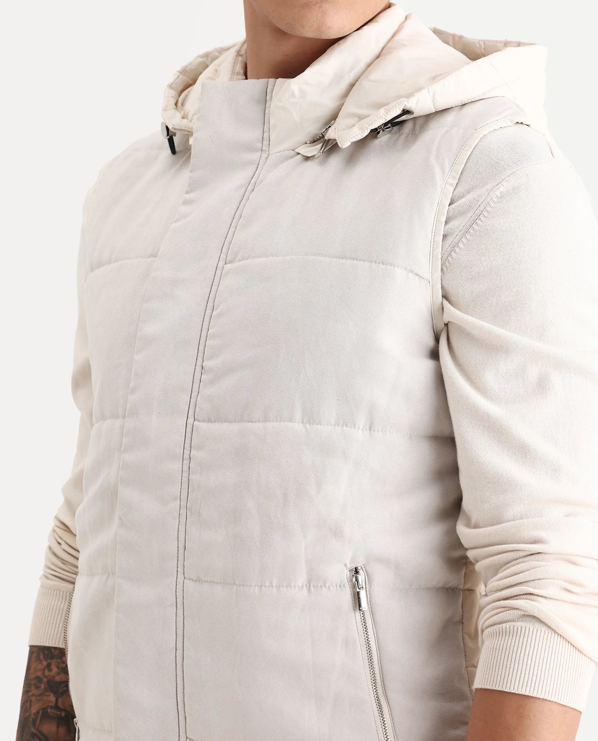 Rare Rabbit Men's Raldo Beige Suede Plain Regular Fit Sleeveless Hooded Jacket