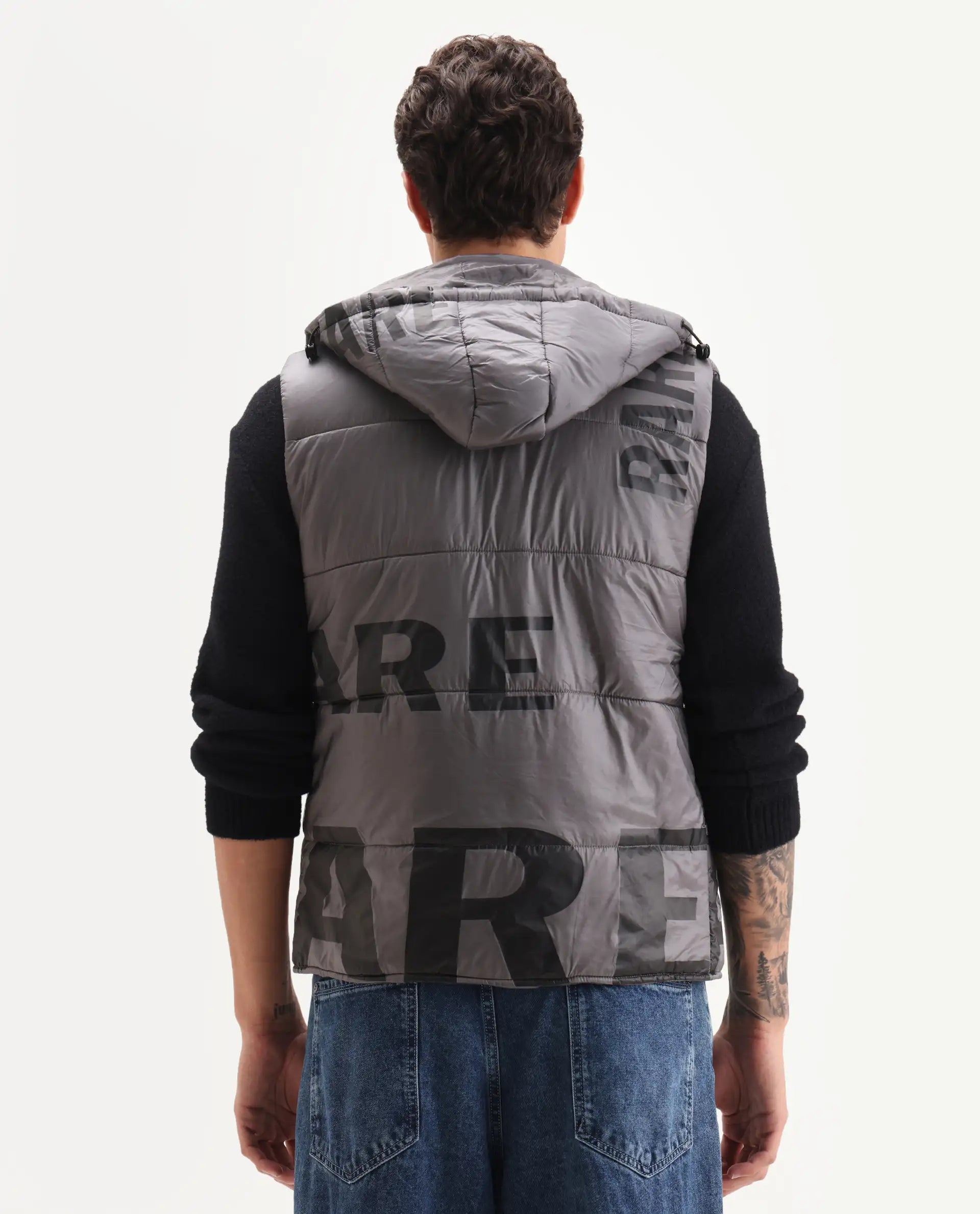 Rare Rabbit Men's Clovex Dark Grey Nylon Monogram Print Regular Fit Sleeveless Hooded Jacket