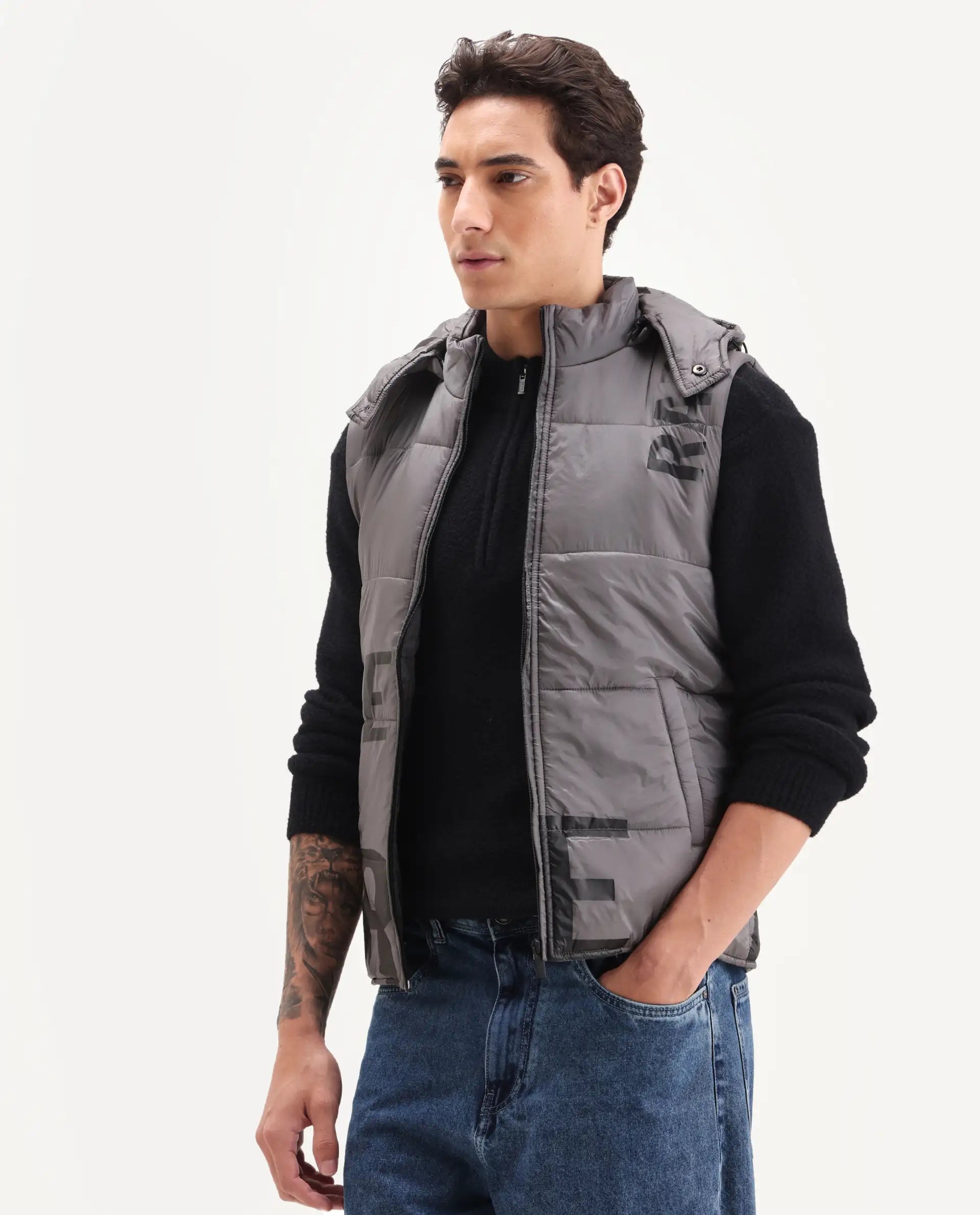 Rare Rabbit Men's Clovex Dark Grey Nylon Monogram Print Regular Fit Sleeveless Hooded Jacket