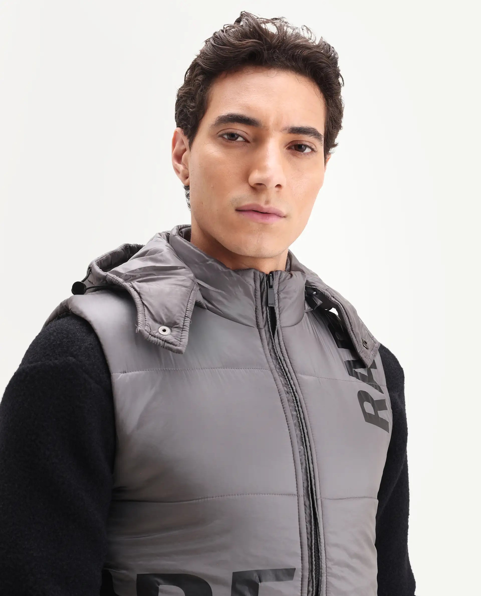 Rare Rabbit Men's Clovex Dark Grey Nylon Monogram Print Regular Fit Sleeveless Hooded Jacket
