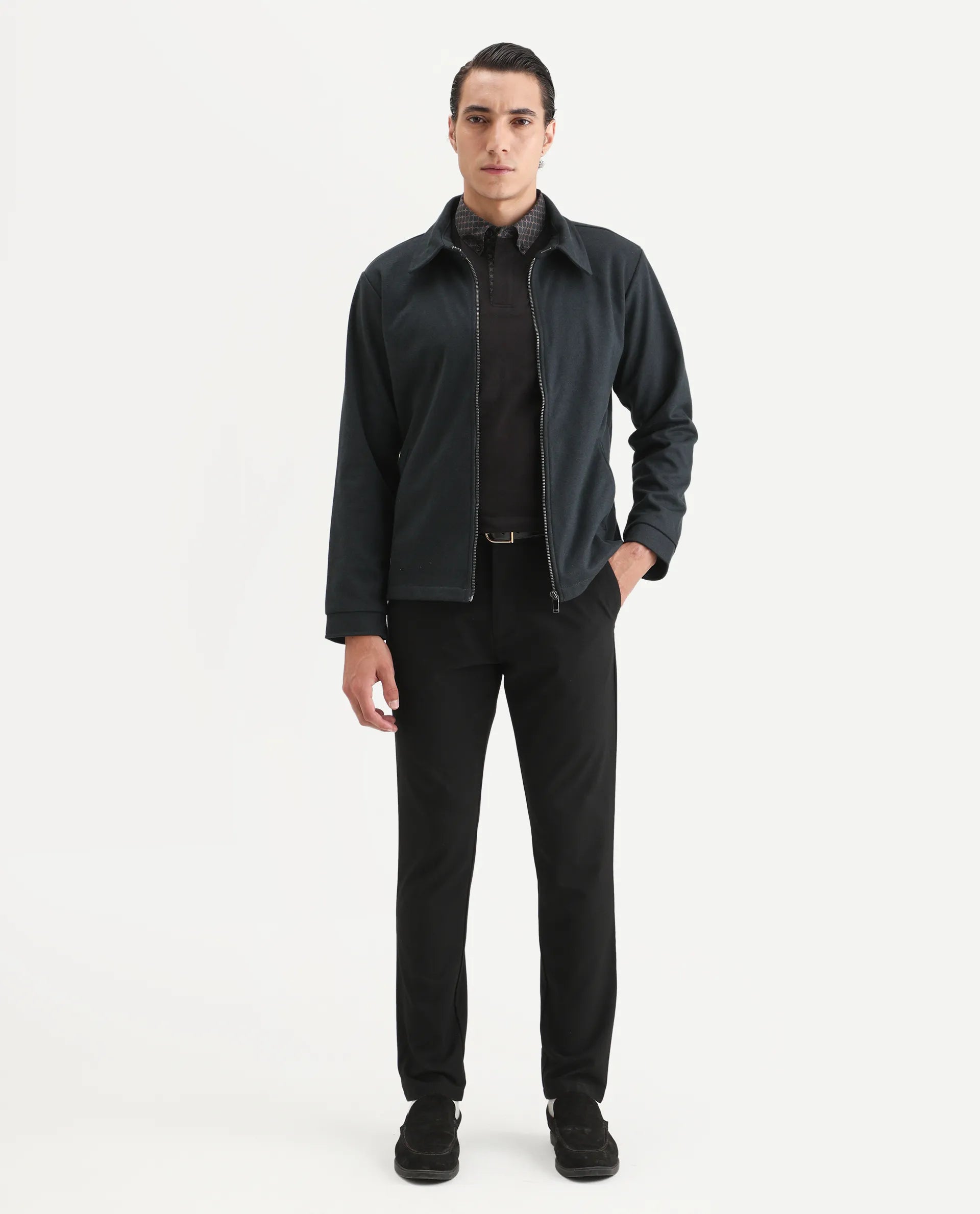 Rare Rabbit Men's Diaz Dark Petrol Polyester Plain Tailored Fit Full Sleeve Spread Collar Jacket