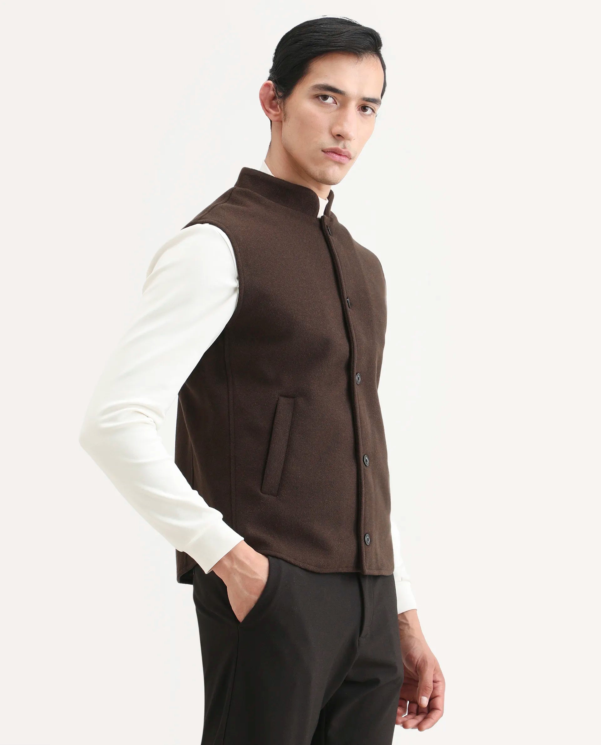 Rare Rabbit Men's Thermo Brown Polyester Plain Regular Fit Sleeveless High Neck Jacket